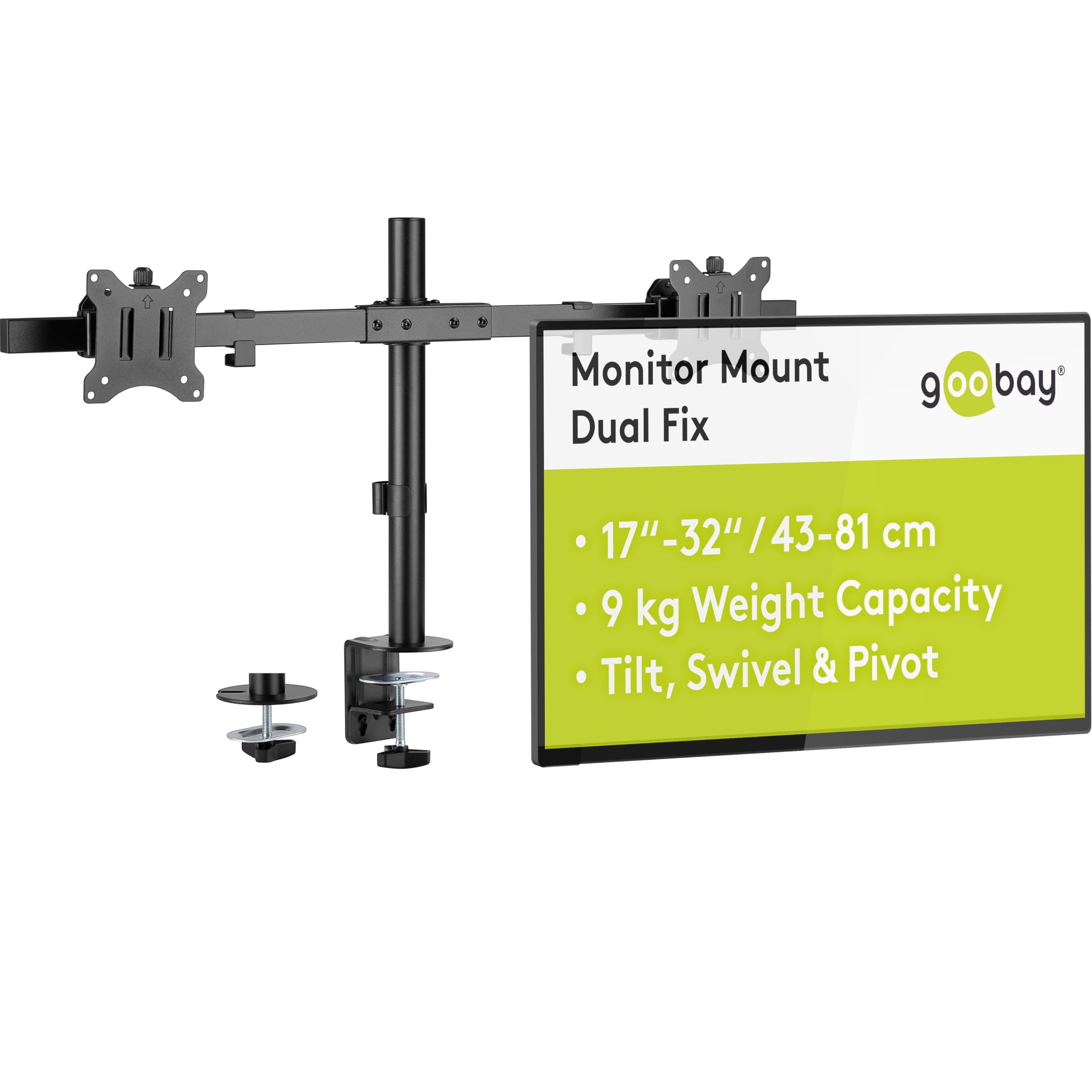 goobay Supporto Doppio Monitor 17-32 Pollici Inclinabile Regolabile in Altezza VESA 100x100 2x Fino a 9 kg con Morsetto Tavolo - Basic - 59394