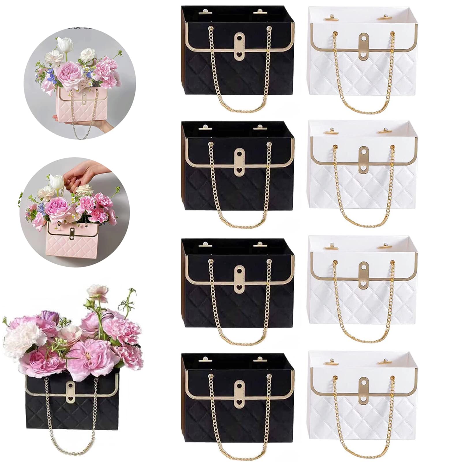 HAGUAN Flower Paper Gift Box, Portable Flower Boxes with Metal Chain, Flower Bouquet Wrapping Basket for Bridesmaid, Proposal, Wedding, Birthday, Baby Showers (8Pcs,White + Black)