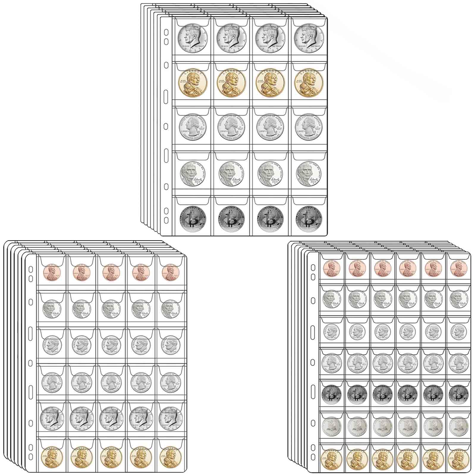 644 Pockets 3 Sizes Coin Collection Pages, 21 Sheets Coin Collection Supplies Pages with Standard 9 Hole Coin Binder Sleeves for Coin Stamp Currency Collection (20+30+42 Pocket)