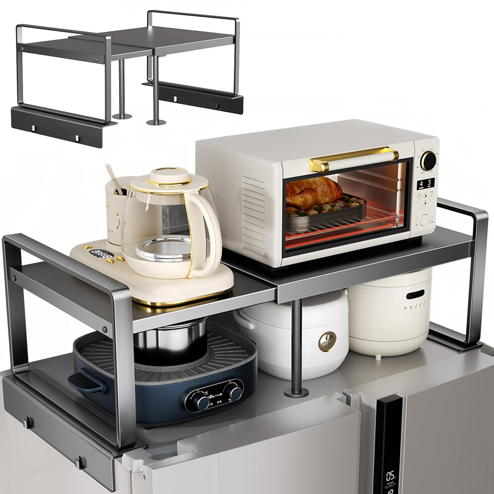 Adjustable Fridge Top Storage Rack,20.8"-36.6" Expandable Organizer Shelf,Refrigerator Storage, Anti-Slip,L-Shaped Design,Space Saver for Kitchen,Laundry,Dorm (Fits Most Appliances)