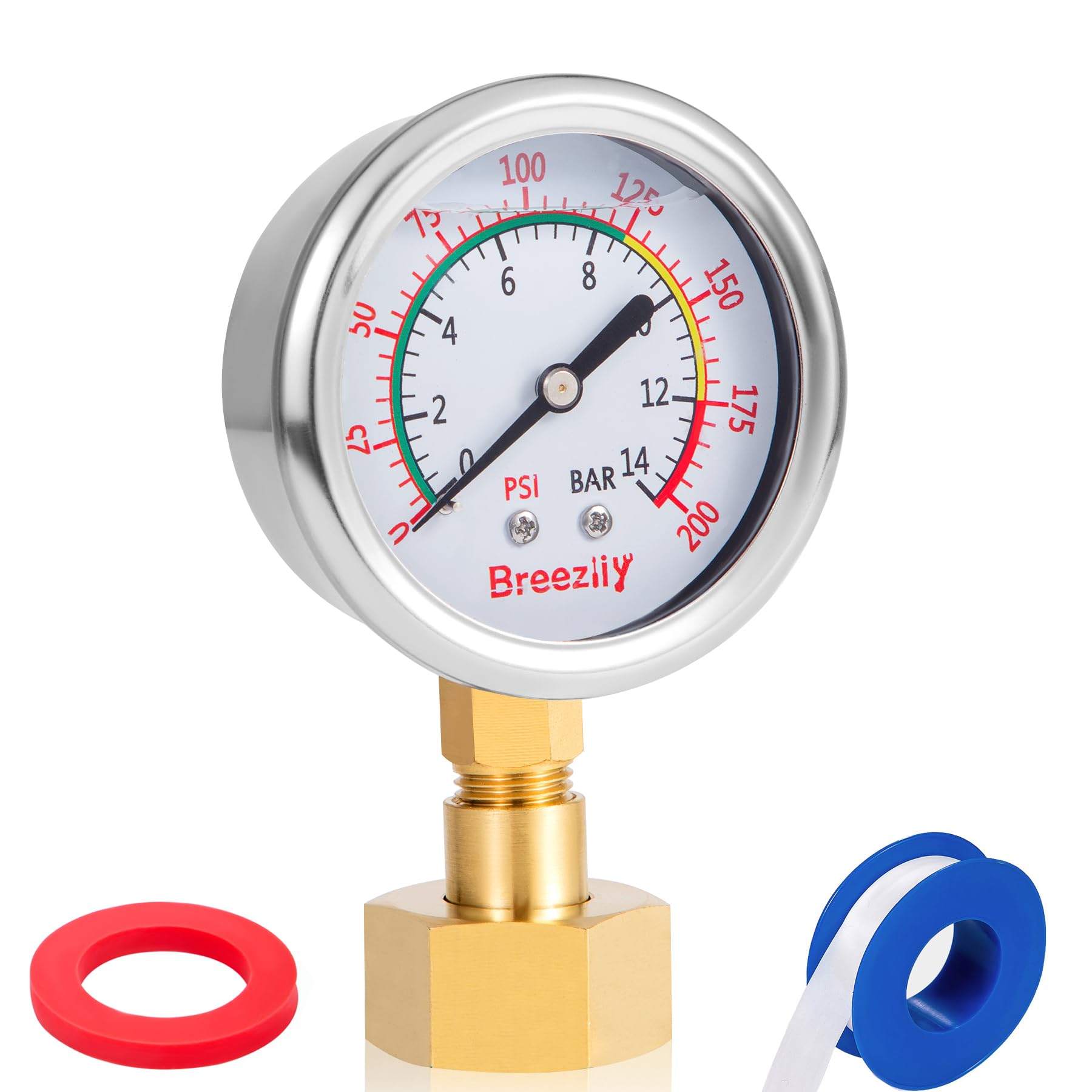Manómetro para prueba de agua, esfera de 2,5", 0-200 PSI/0-1,4 MPA, relleno de glicerina líquida, rosca NPT de 1/4", con adaptador de 1/4 a 3/4 (móvil y flexible), para pruebas de presión de agua, a