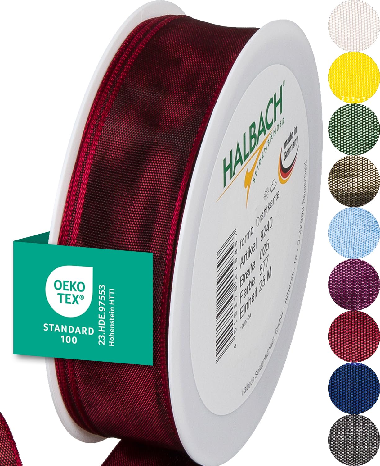 Halbach Seidenbänder Premium Geschenkband mit Drahtkante | Breite 25mm Länge 25m | Öko-Tex 100 zertifiziertes Schleifenband | Taftband Made in Germany, Farbe: dunkelrot