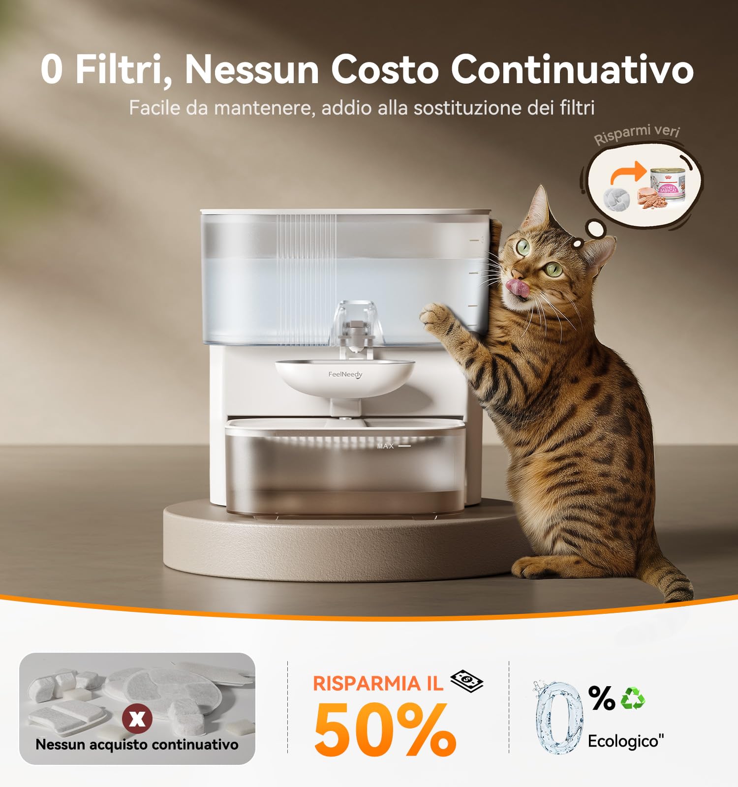 FEELNEEDY Fontanalla per Gatti Senza Filtro E Senza Fili A Batteria da 2000mAh, Separa L'acqua Pulita Da Quella Usata, Ciotola in Acciaio inox, Fontana per Gatto 3.5L, Bianca
