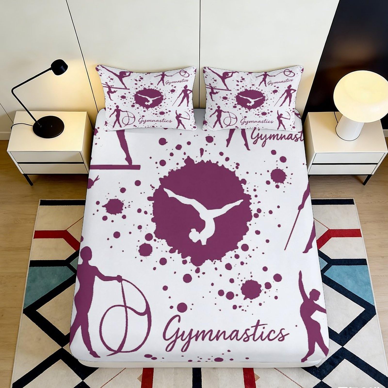 Pnayamiorkfel Style-8 3D Printed Gymnastics Silhouette Fitted Sheet Microfiber Anti-Slip Maroon Artistic Bed Cover For Bedroom Dorm Decor 90X200x25cm