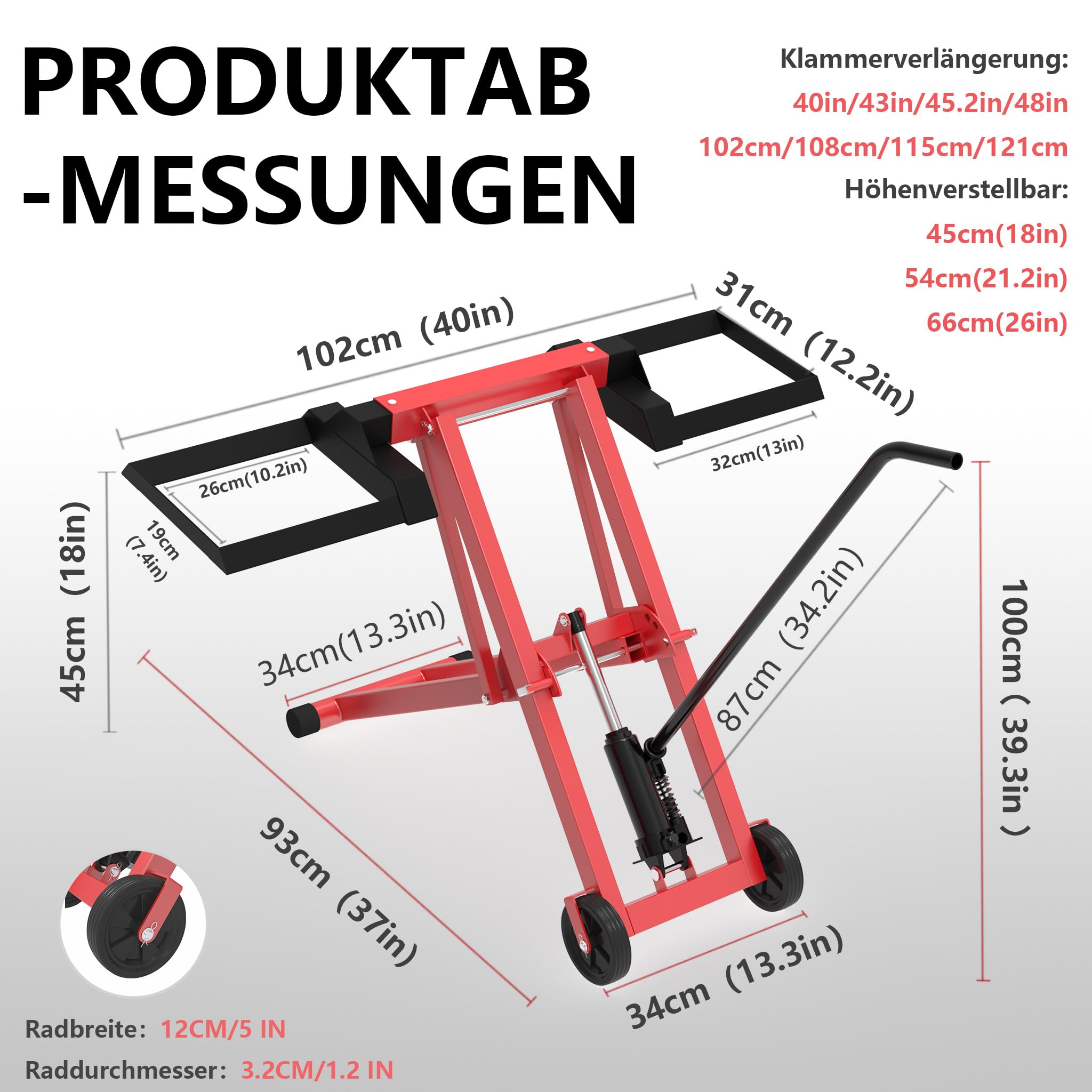 Aufun Rasentraktor-Hebebühne hydraulischer Wagenheber 227 kg Tragkraft Stahl PVC-Räder 12 cm Schwarz/Rot