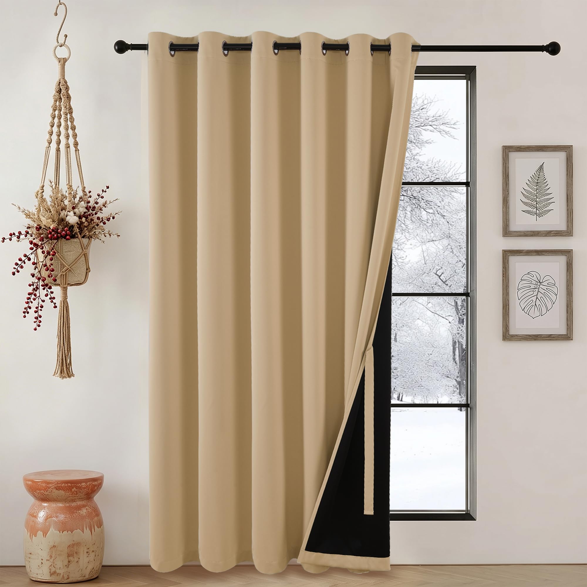 DWCN 100% Blackout Curtains Thermal Insulated Eyelet Curtains for Bedroom Living Room with Black Liner, Beige, 100 x 108 Inch, 1 Panel
