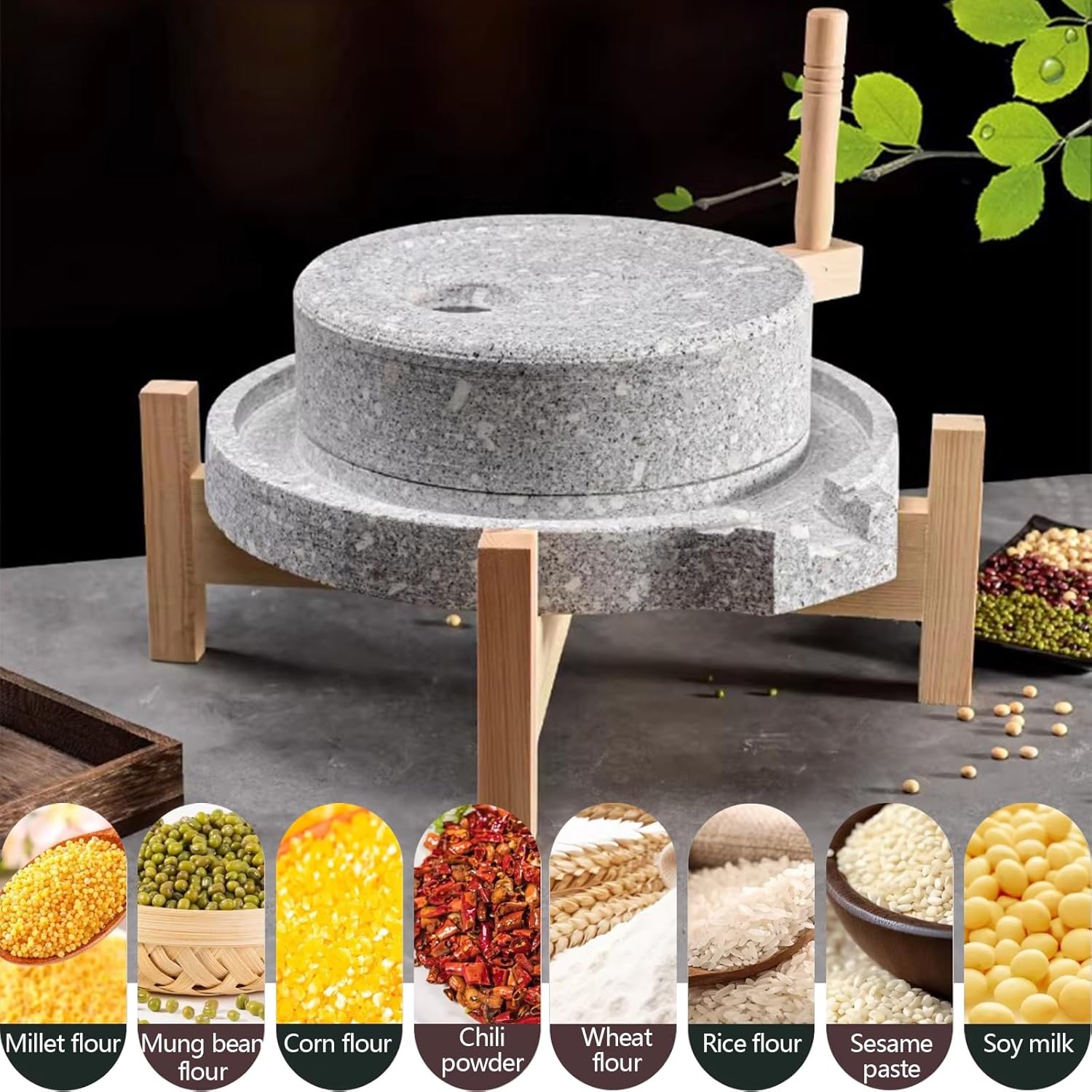 Manual Stone Grain Mill with Handle - Natural Stone Grinder & Wooden Base, Easy to Clean Traditional Flour Mill for Home Kitchen, 30cm & 35cm (11.8in & 13.7in)