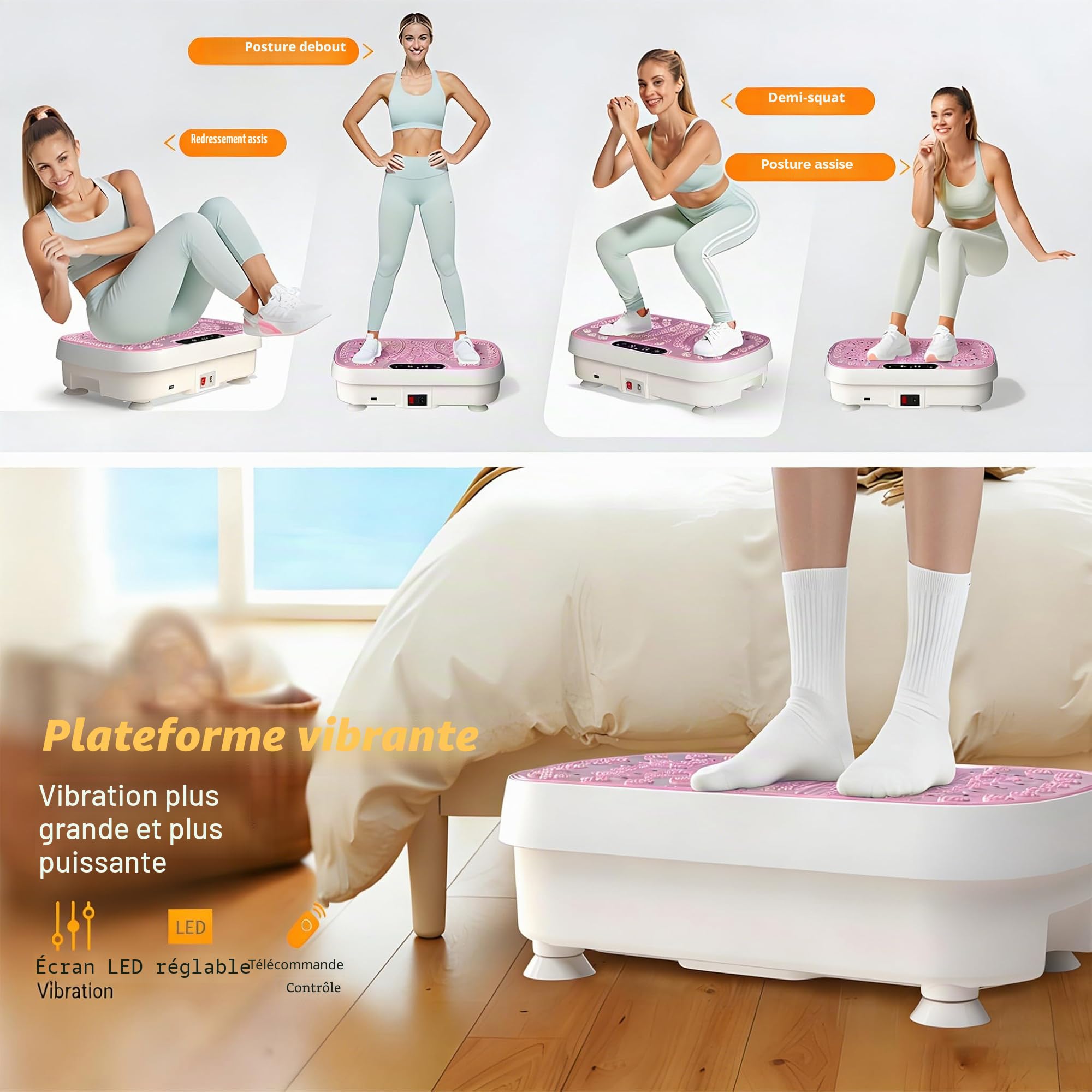 Plateforme vibrante pour perdre du poids à la maison - Appareil de vibration avec 3 modes de fitness - Plaque vibrante silencieuse avec 2 bandes de résistance et indicateur LED - Charge maximale : 150