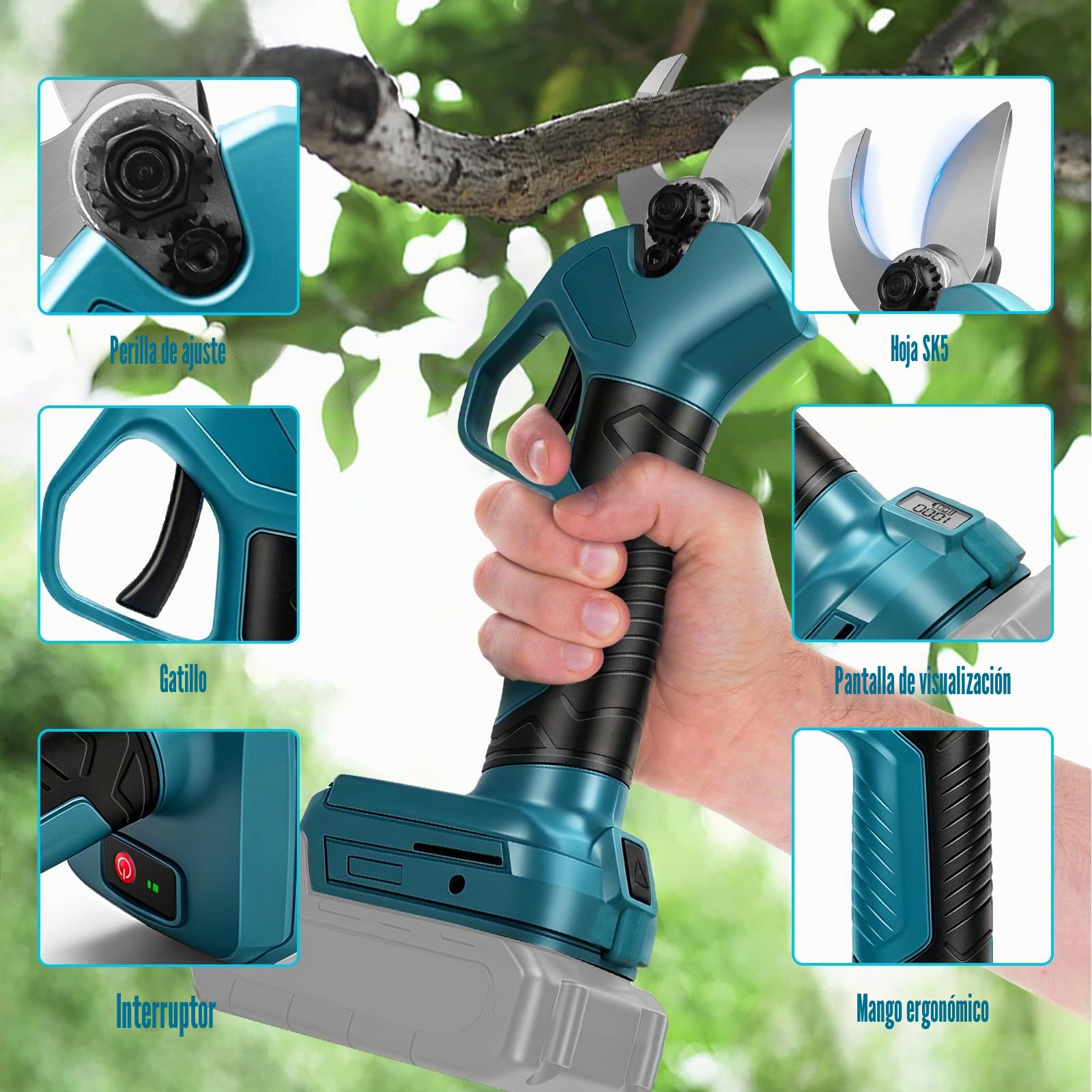 Tijeras de podar con batería Makita de 18 V (sin batería), motor sin escobillas, apertura máxima de 45 mm, sierra de podar eléctrica con pantalla LCD, para ramas de árboles, flores | Motor sin escobillas, apertura máxima de 45 mm, podadora eléctrica con p