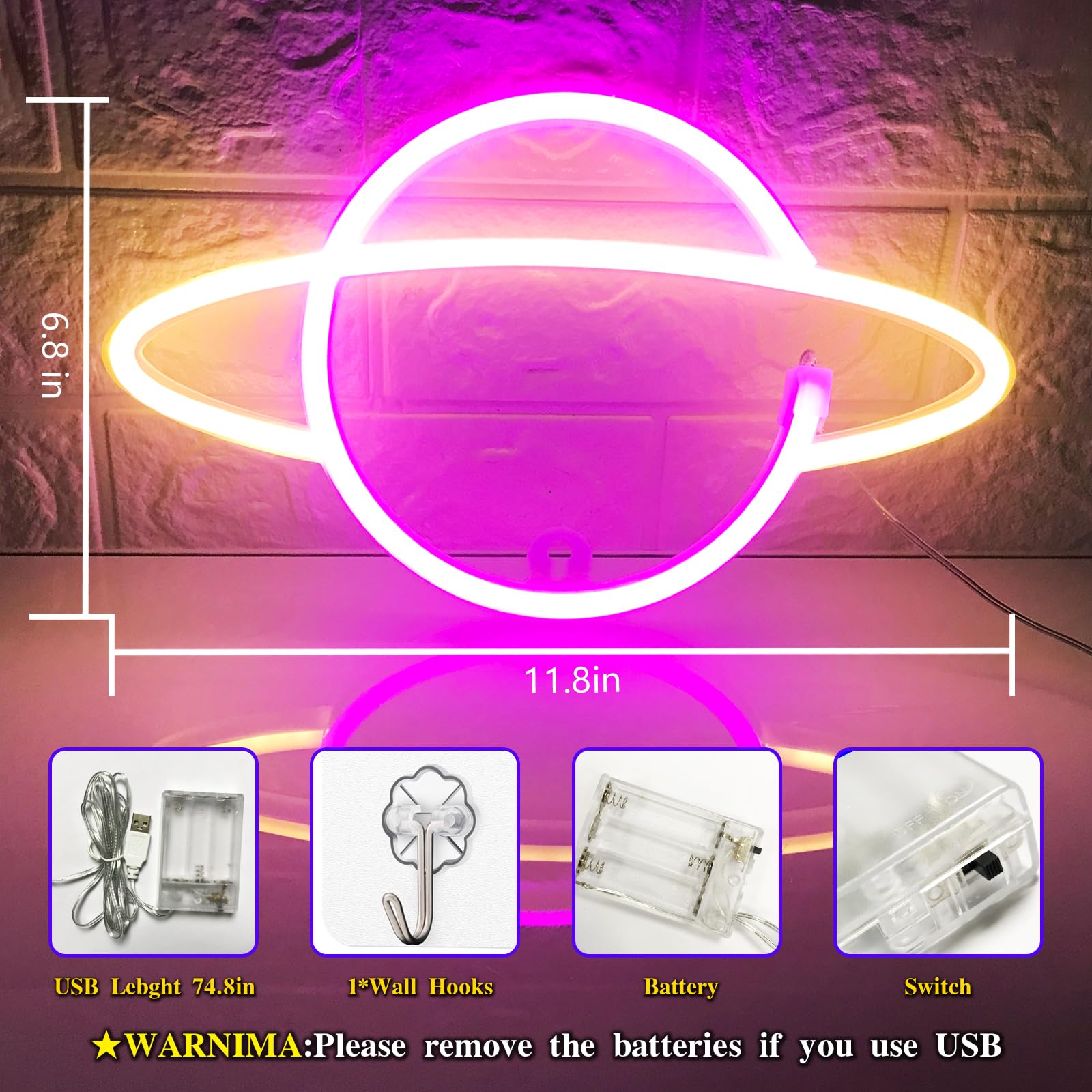 Planet neon znak - USB/bateria Driven LED znak sypialni neonowy znak ścienny dekoracje urodzinowe ślub Boże Narodzenie dekoracja pokoju, różowy + żółty