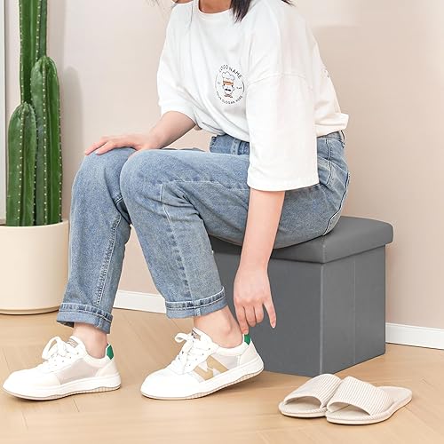 Miniatura 10 de B FSOBEIIALEO - Otomano plegable de piel sintética con almacenamiento Gris,Negro -,Negro 16.5"x12.6"x12.6",Azul,Marrón,Gris