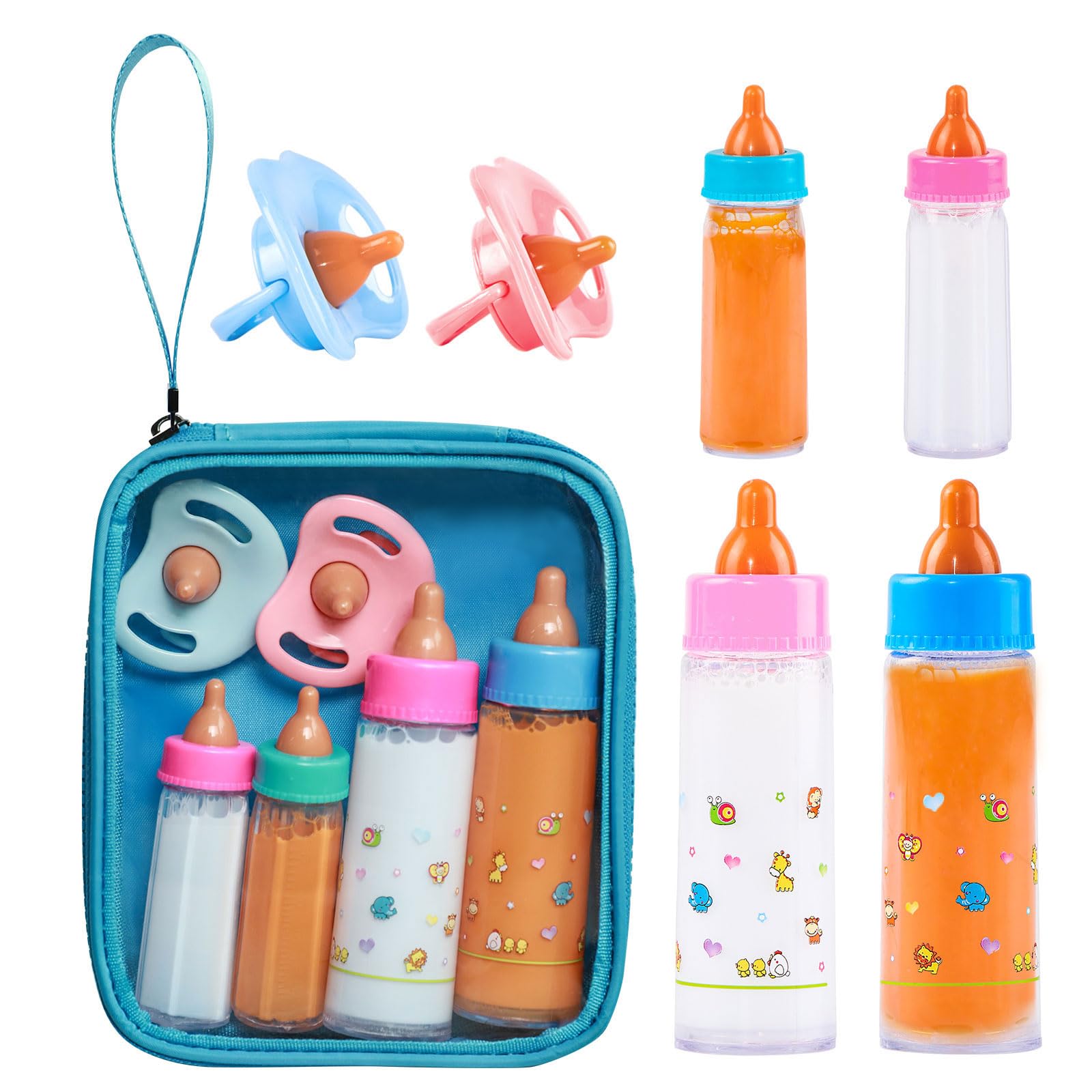SCOM Baby Doll Bottle Accessories - 6 Pcs Feeding Bottle Toys, Magic Disappearing Milk & Juice, Pretend Play Set with Pacifiers Kids Gift Blue