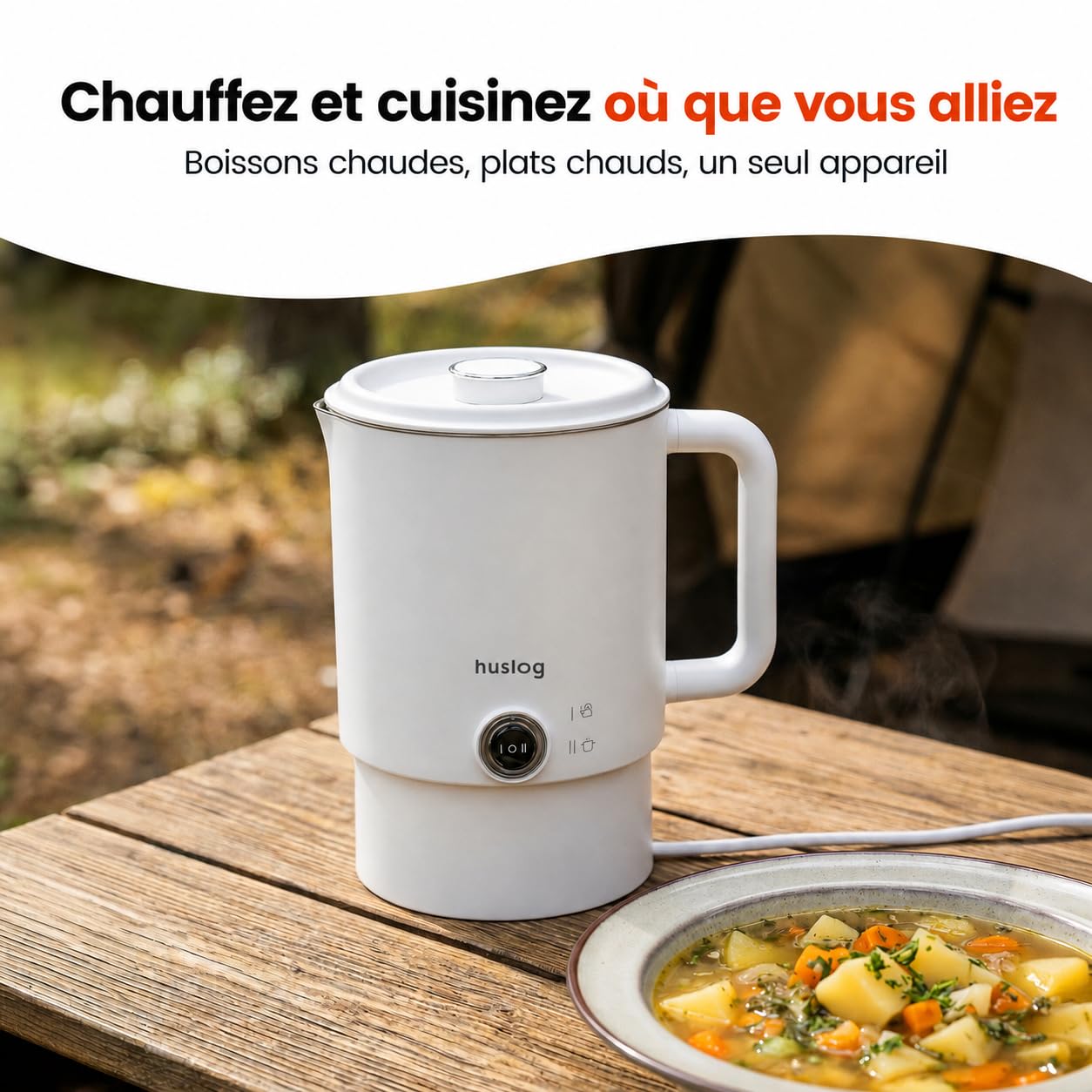 Bouilloire Électrique de Voyage Pliable 2 en 1 0,8L 650W Acier Inoxydable 304 Double Paroi Base 360°