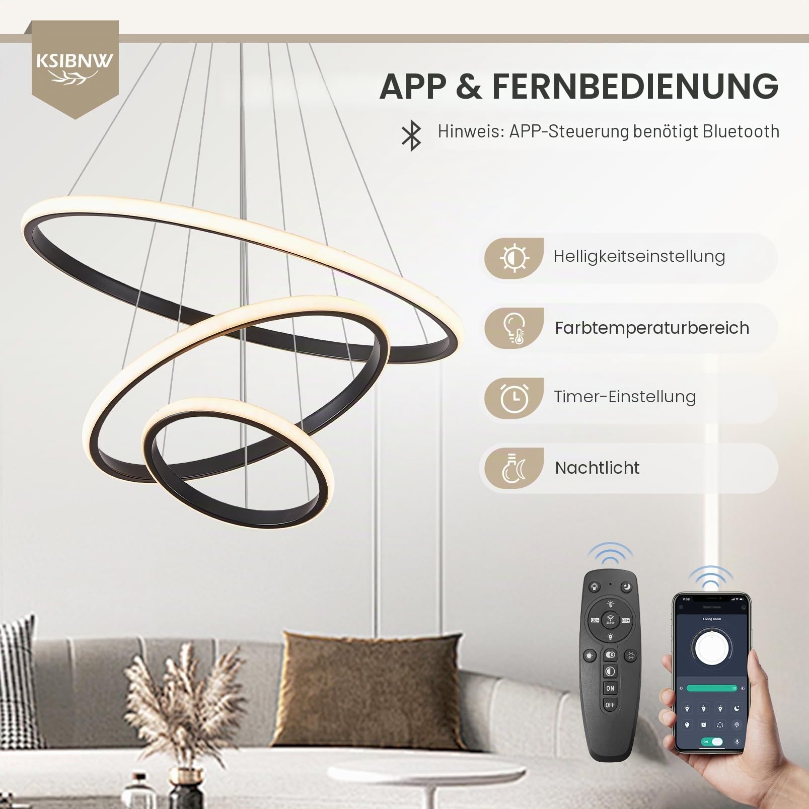 KSIBNW 3 Ringen Moderne LED Hängelampe Esstisch,45W LED Hängeleuchte & Pendelleuchten Höhenverstellbar für Esszimmer Wohnzimmer,Dimmbar Hängeleuchte Aluminium Mit Fernbedienung,3000K-6500K,Schwarz