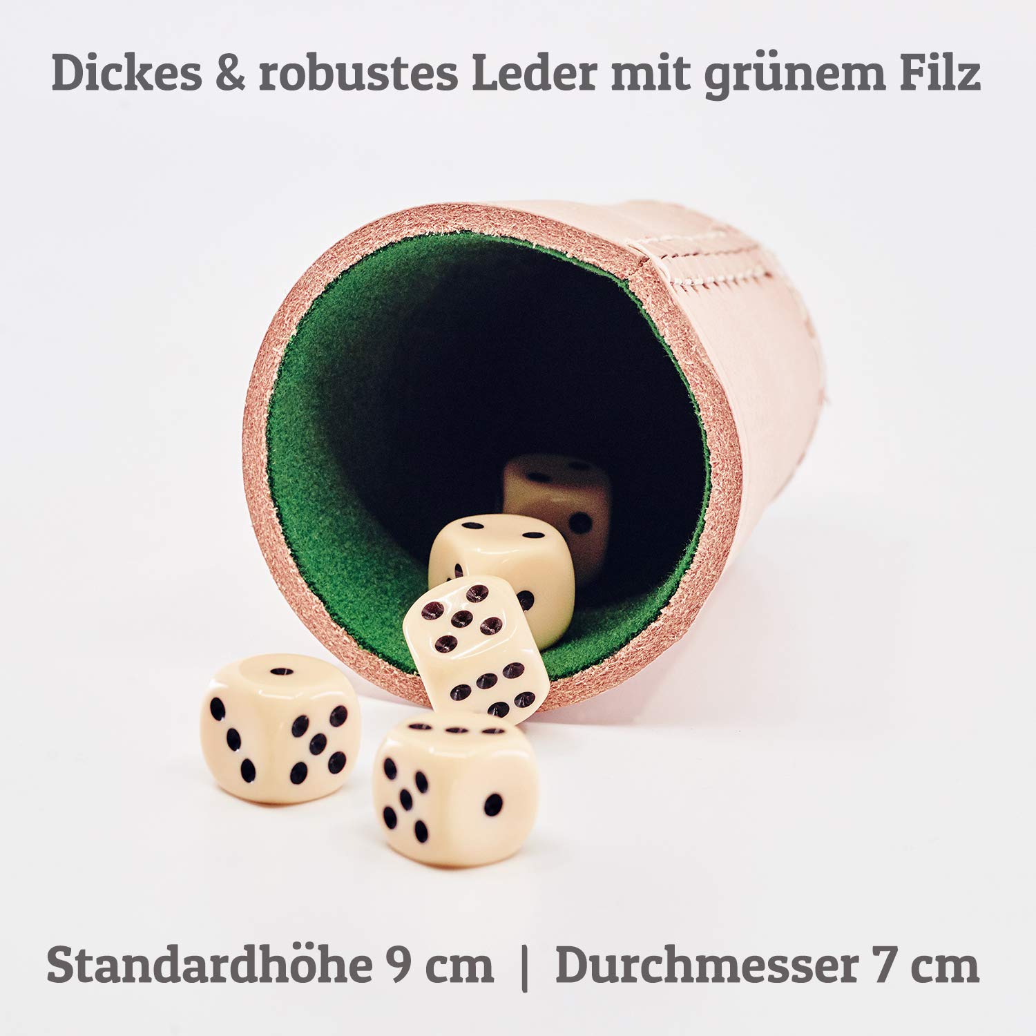 Leder Würfelbecher mit Gravur - Personalisierung von Name + Motiv zur Auswahl inkl. 5 Würfel - Innen grüner Filz - leise und geräuscharmer Knobelbecher