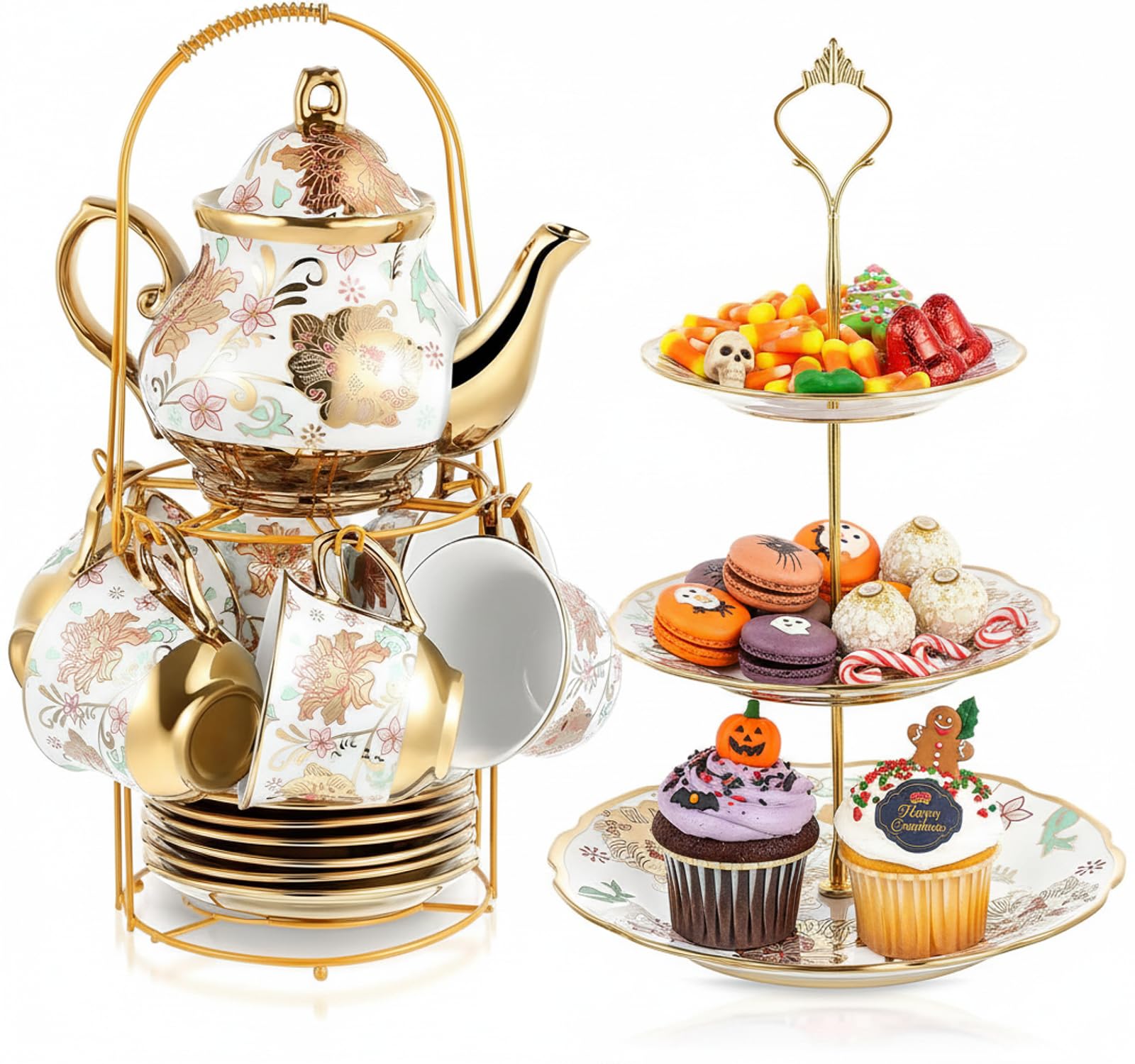Maxcheck 21 Pcs Porcelain Tea Set for Women Tea Party with Metal Holder and 3 Tier Cake Stand Ceramic European Floral Teapot Set for Adults Mother's Day Christmas Thoughtful Gift(Classic Style)