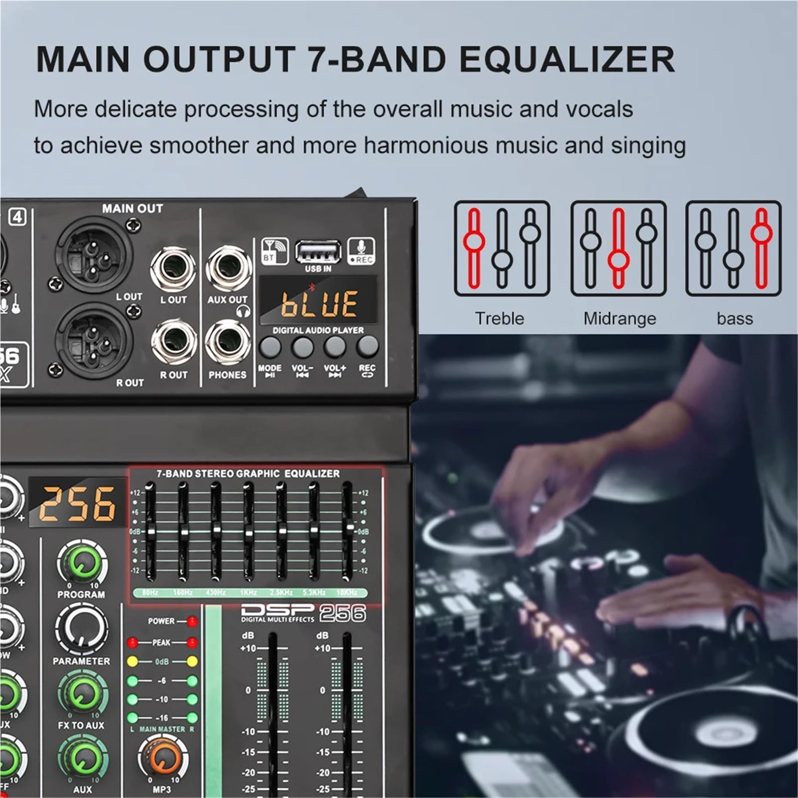 Mixer con effetti DSP a 4 canali, 256 canali, registrazione, PC, alimentazione Phantom a 48 V, mixer USB, console DJ Bluetooth, mixaggio