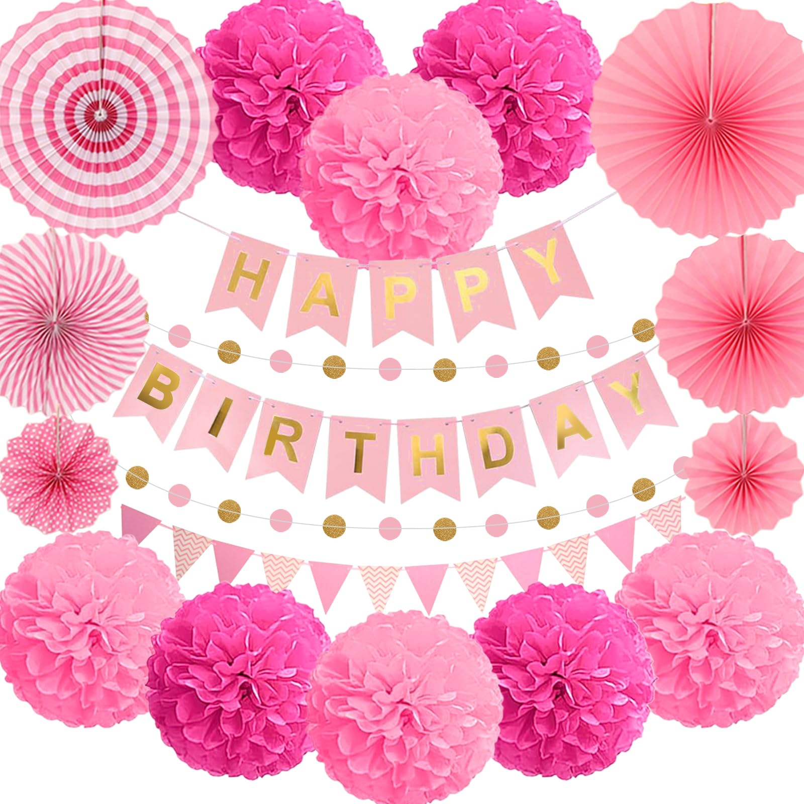 Pink Party Decoration Kit, Birthday Decorations Pink, Paper Fans, Bunting, Pom Poms, Banner, for Birthday Party, Graduations Wedding, Happy New Years Déco 18 Pcs