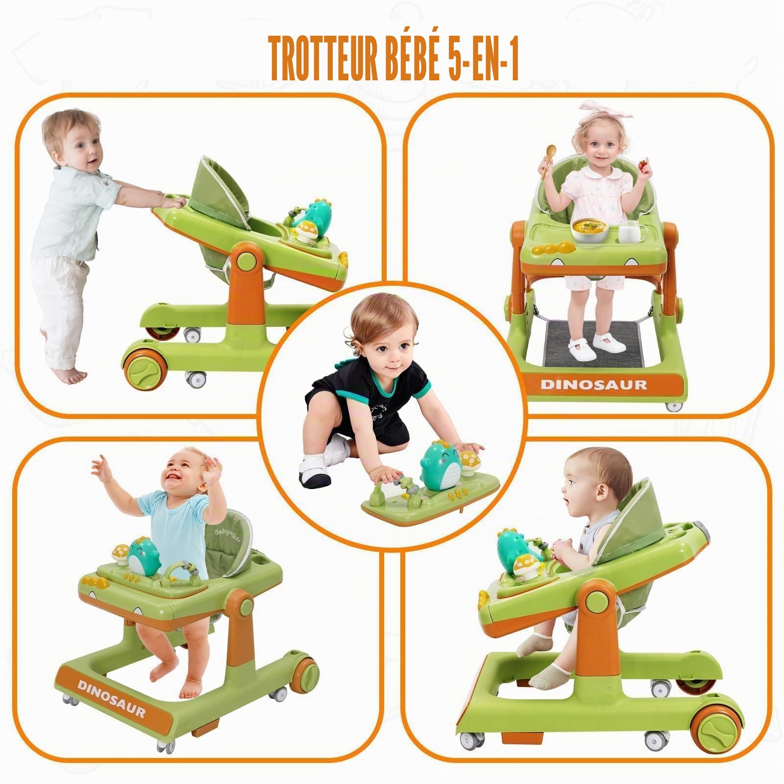 Trotteur pour Bébé Dinosaure Avec Jouets Musicaux,Repose-pieds,Hauteur Réglable,6 Roues Silencieuses À 360°,Avec Aide Au Freinage,Trotteur Adapté Aux Bébés À Partir De 0+