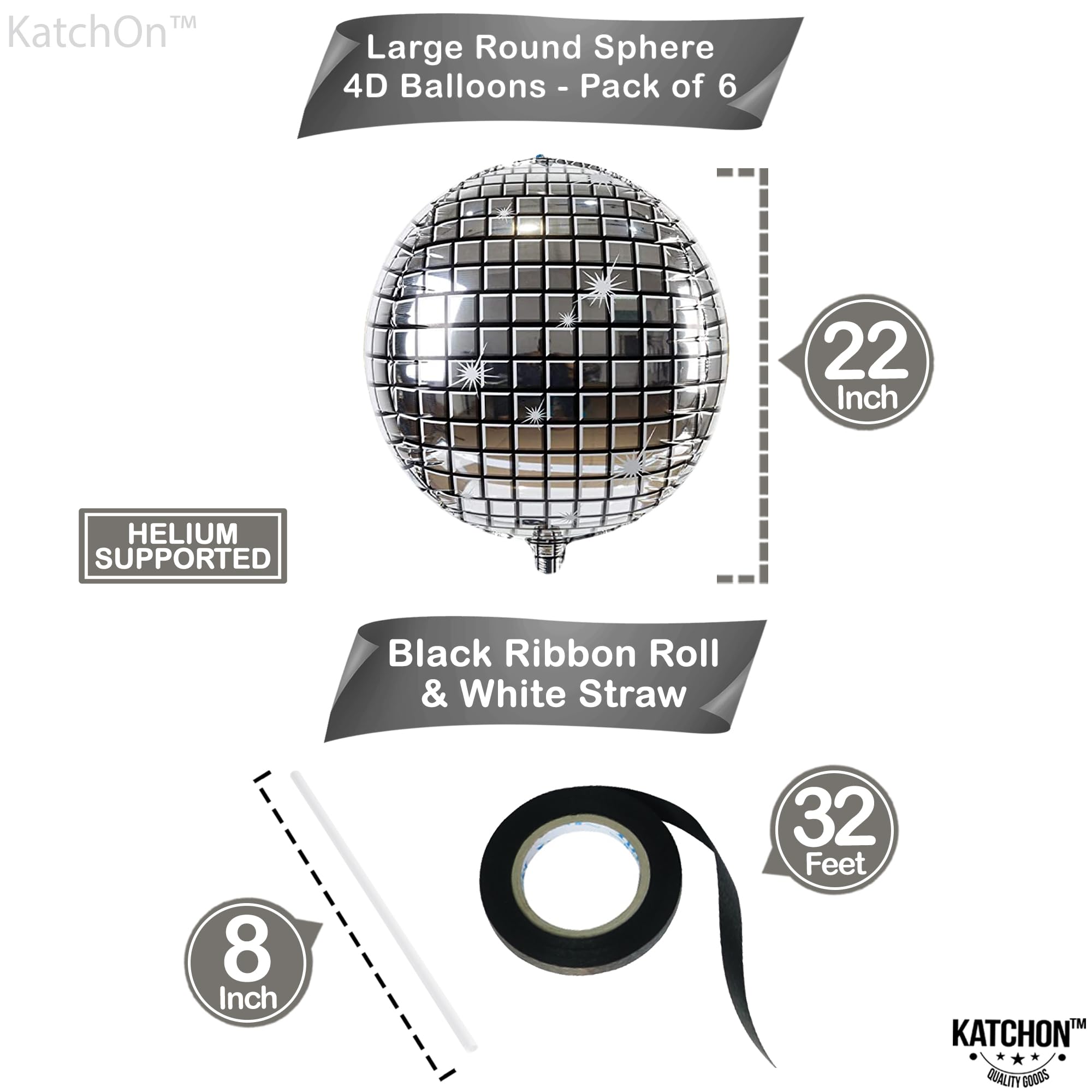 KatchOn, Silver Disco Ball Balloons - Huge 22 Inch, Pack of 6 | 4D Sphere Balloons for Disco Party Decorations | Bachelorette, Birthday, Retro Party Decorations | New Years Decorations 2026