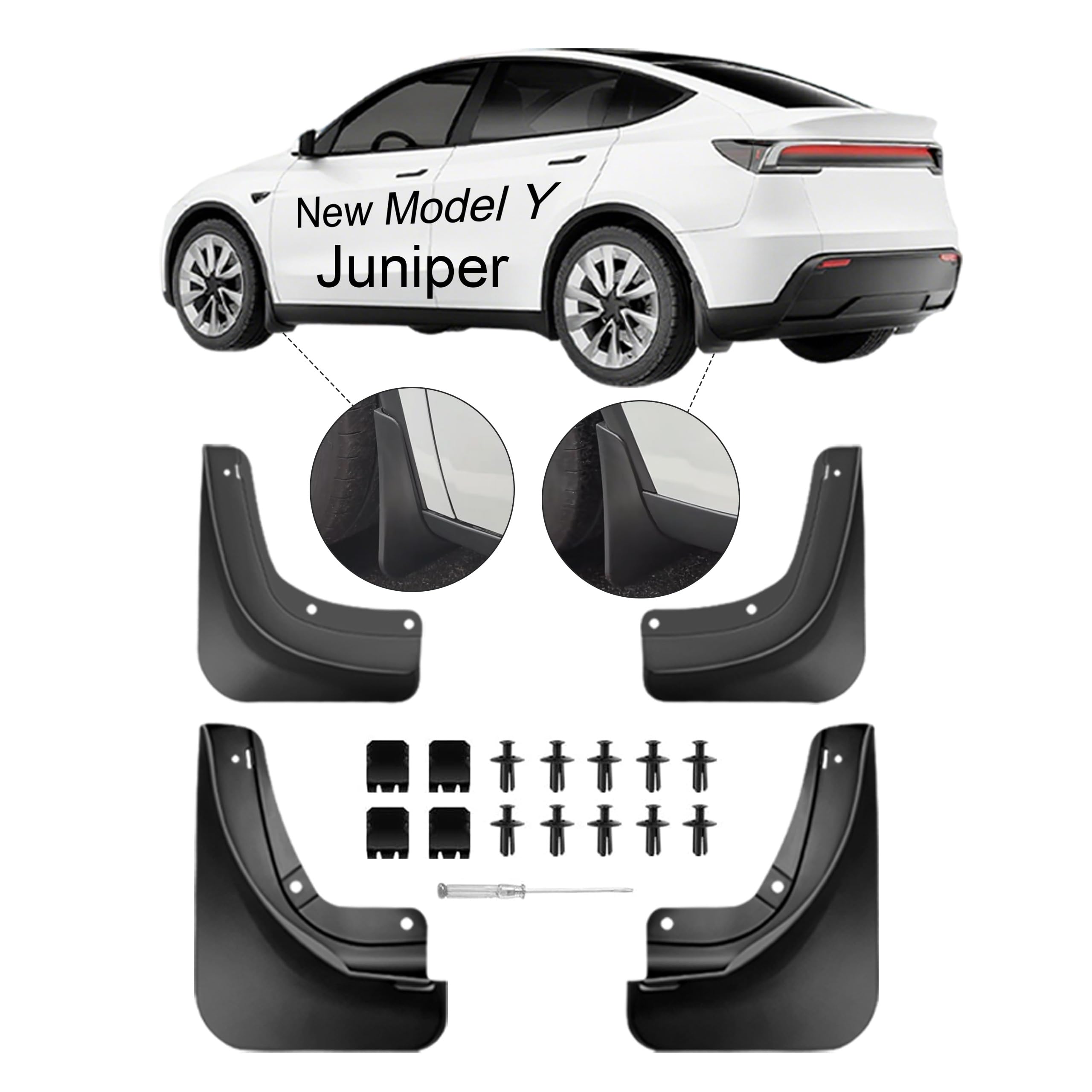 Mud Flaps for Tesla Model Y Juniper 2025 and 2026 – 3D Fit, No-Drill Install to Protect Paint, OEM‑Grade PP+TPE, All‑Weather Splash Guards (Set of 4, Black)