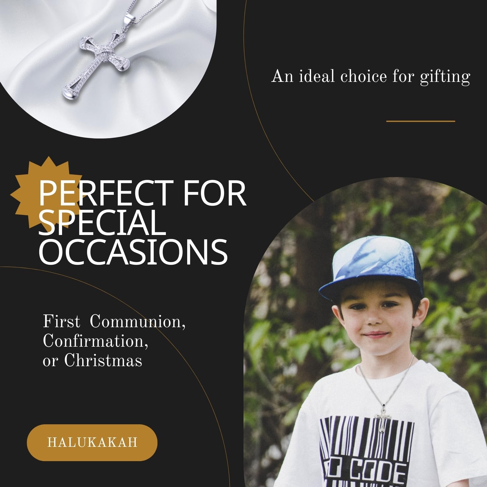 HALUKAKAH Collier Pendentif Croix pour Garçons, Enfants et Adolescents, 1,0 ct de Diamants Cultivés en Laboratoire, Plaqué Or Blanc Platine 925 Argent Sterling, Chaîne 40cm, Bijoux Religieux de Luxe