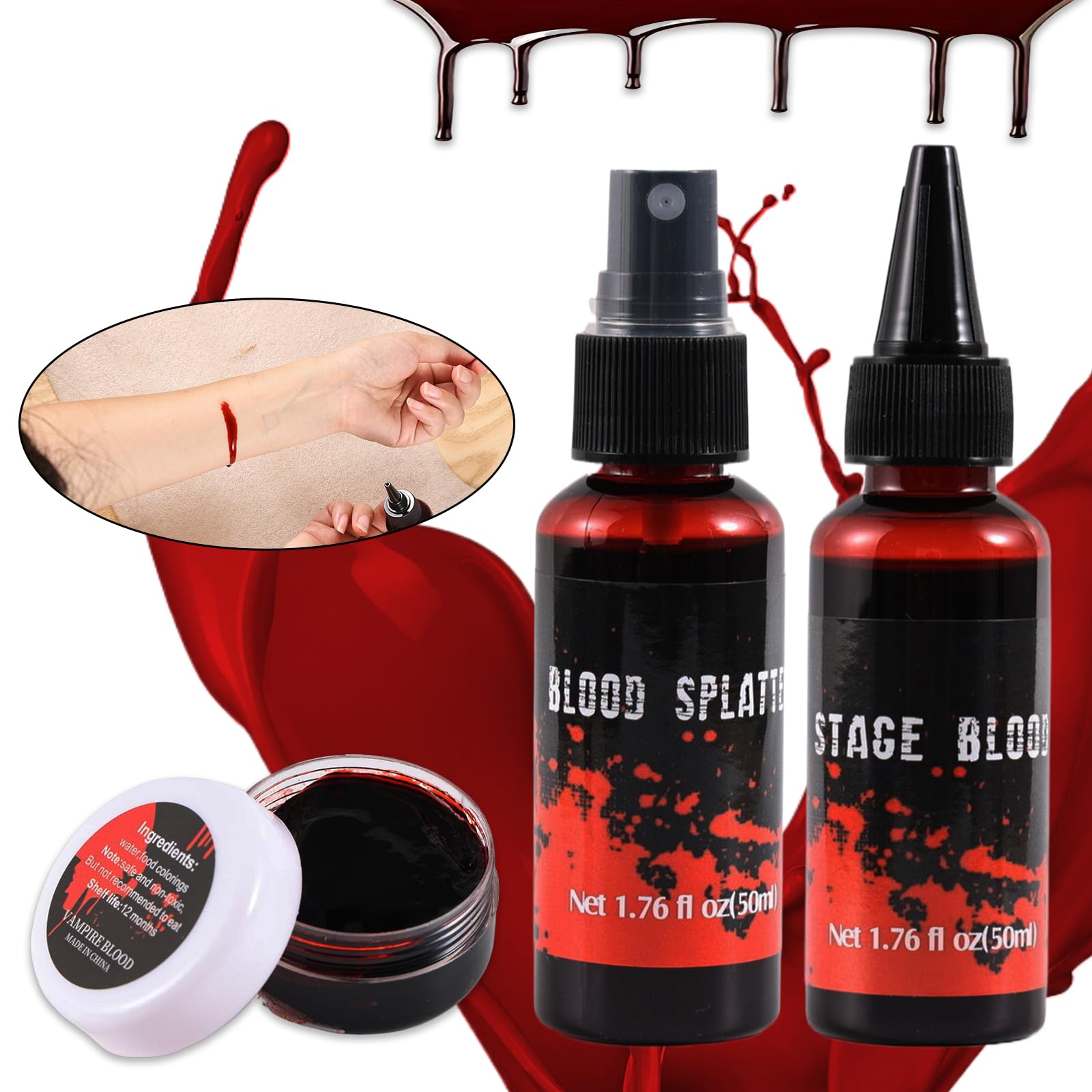 Halloween Fake Blood Spray Makeup Kit Fake Blood Washable for Scar Wound and Clothes Realistic Face Paint Wounds Costume Blood For Vampire, Zombie, Clown Cosplay Red blood01