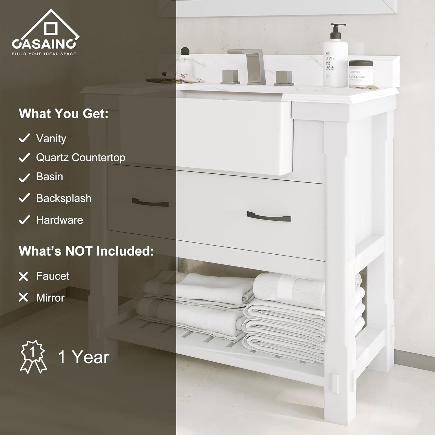 CASAINC 36 Inch Bathroom Vanity, Farmhouse Sink Bathroom Cabinet in White with 1 Open Shelf and 1 Drawer, Solid Wood Freestanding Cabinet with Carrara Vanity Counter Top & Sink, Fully Assembly