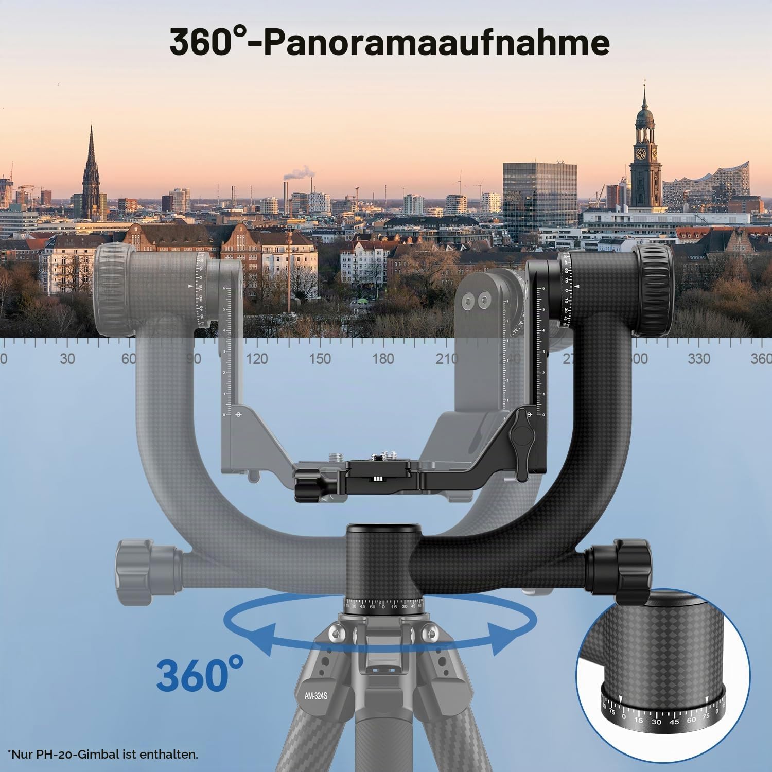 SIRUI PH-20 Gimbal Stativkopf Kohlefaser, Gimbal Head Professional Heavy Duty 360°Panorama mit 20 KG Tragkraft, mit 1/4 Zoll Arca-Swiss Schnellwechselplatte für Kamera