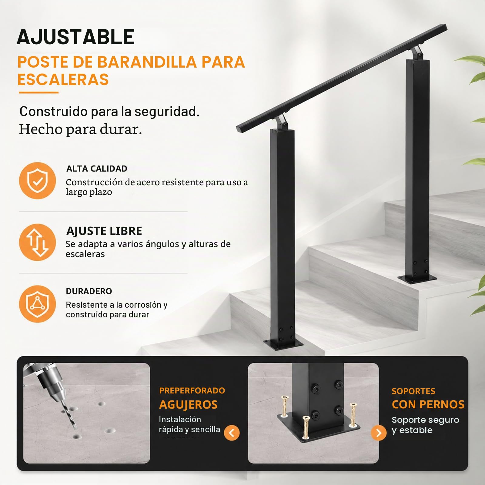 Pasamanos para escaleras, barandilla exterior, pasamanos negro, pasamanos para escaleras, pasamano exterior, pasamano exterior para escaleras, interior y exterior, balcón