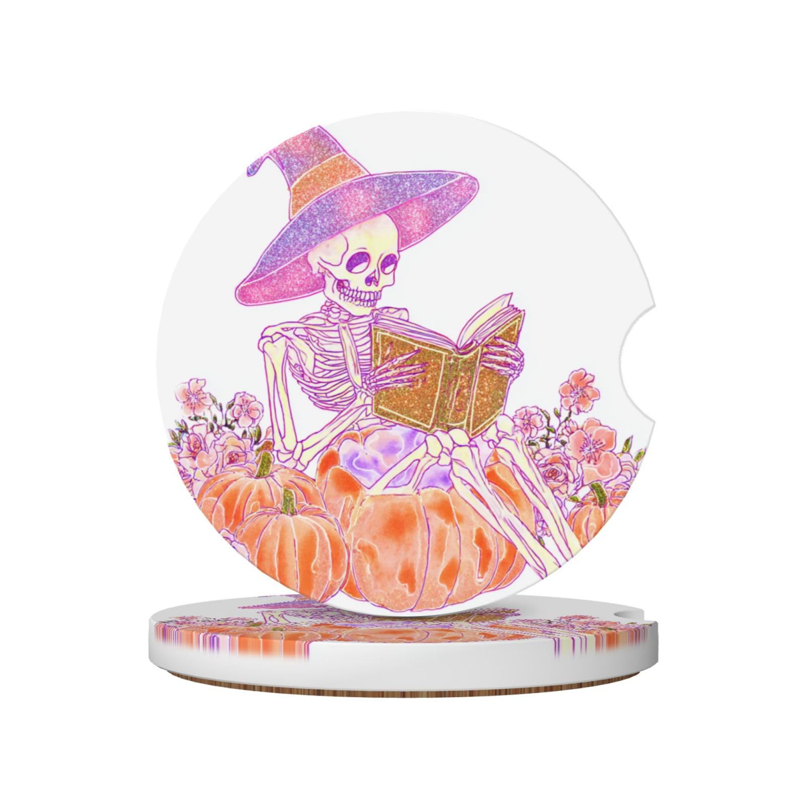 Sketon Wearing A Glittery Pink Witch Hat Ceramic Coasters,2pcs