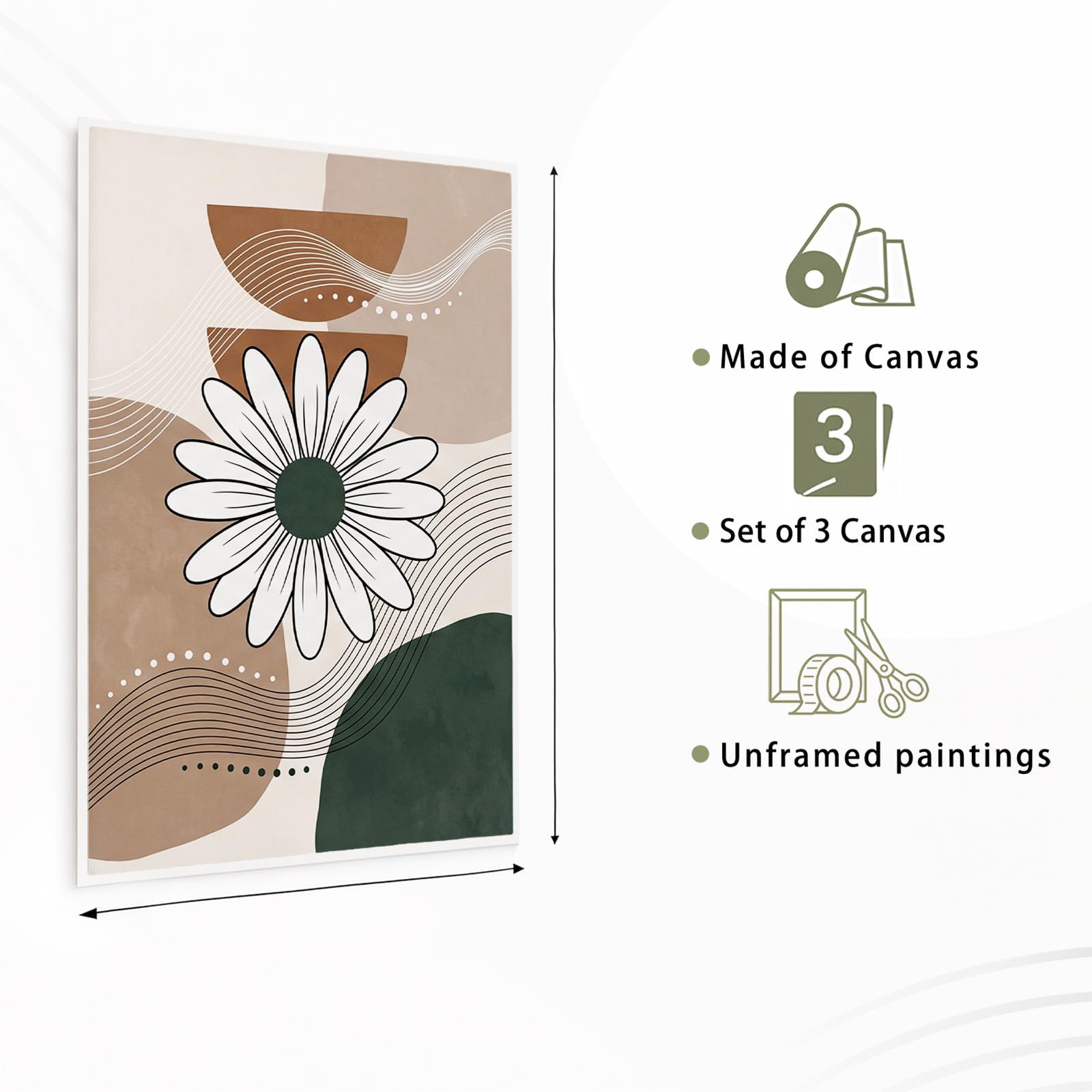 Generisch 3-teiliges Wandbild Leinwand Set 50 x 70 cm, Ohne Rahmen Triptychon Ästhetische Kunstdrucke Boho Minimalistisch für Wohnzimmer & Schlafzimmer, Linie Farbblock Gänseblümchen Ruhig Erdton