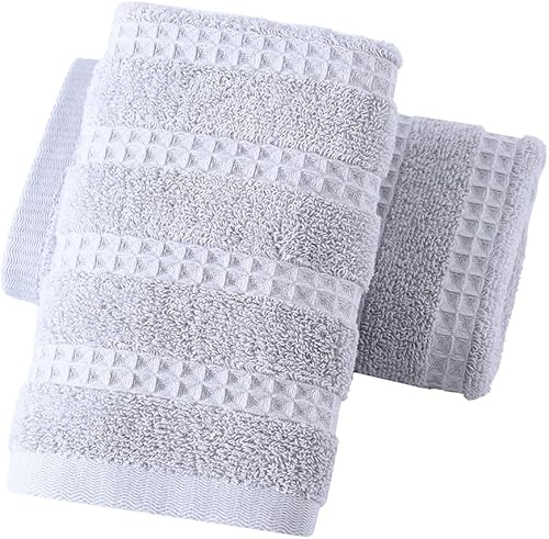 Toallas de mano a rayas grises de punto gofre, 100% algodón, tejido de rizo de secado rápido, toallas de cocina ultra absorbentes y ligeras (2