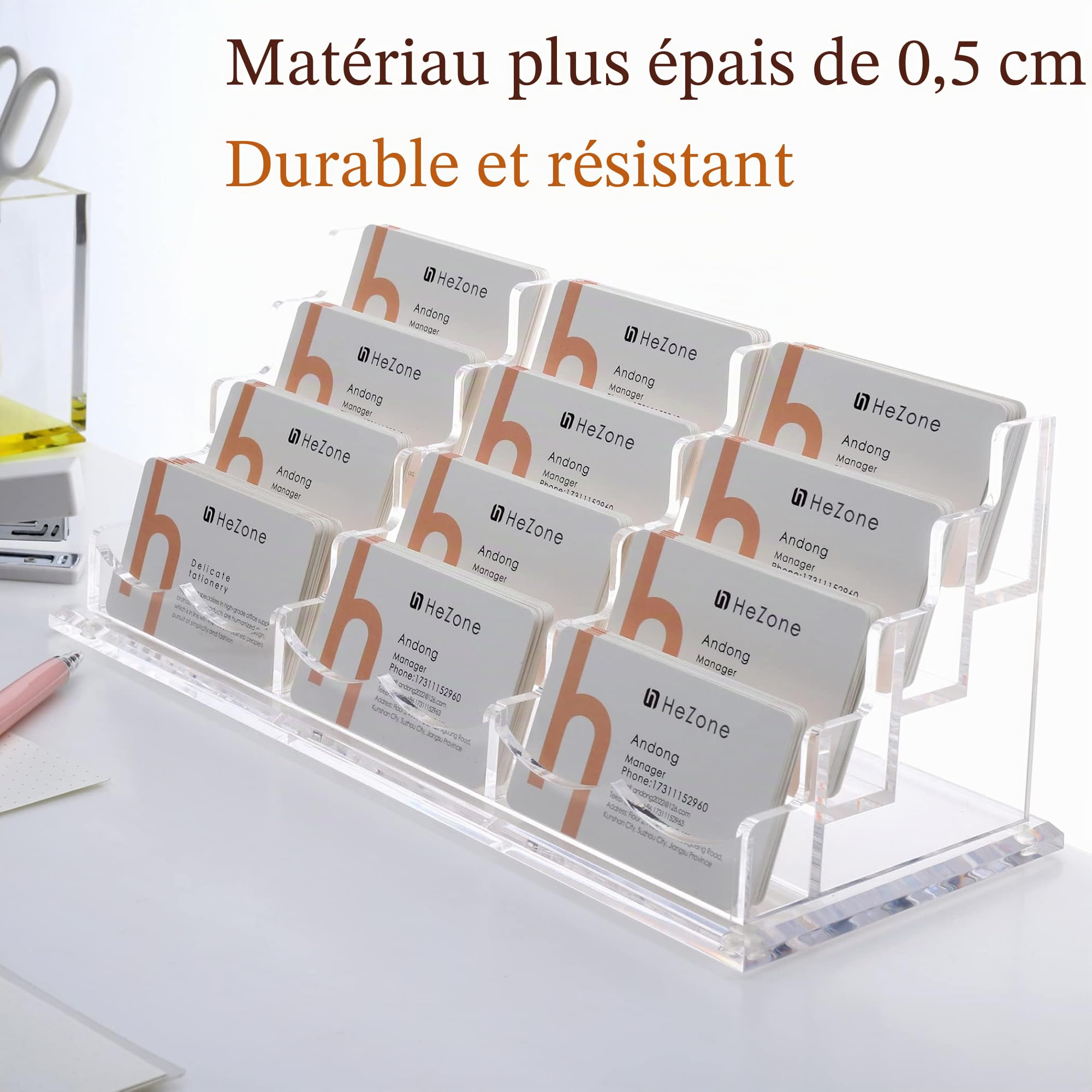 HeZone Porte-cartes de visite pour bureau, 12 emplacements sur 4 niveaux, en acrylique transparent, peut contenir environ 600 cartes