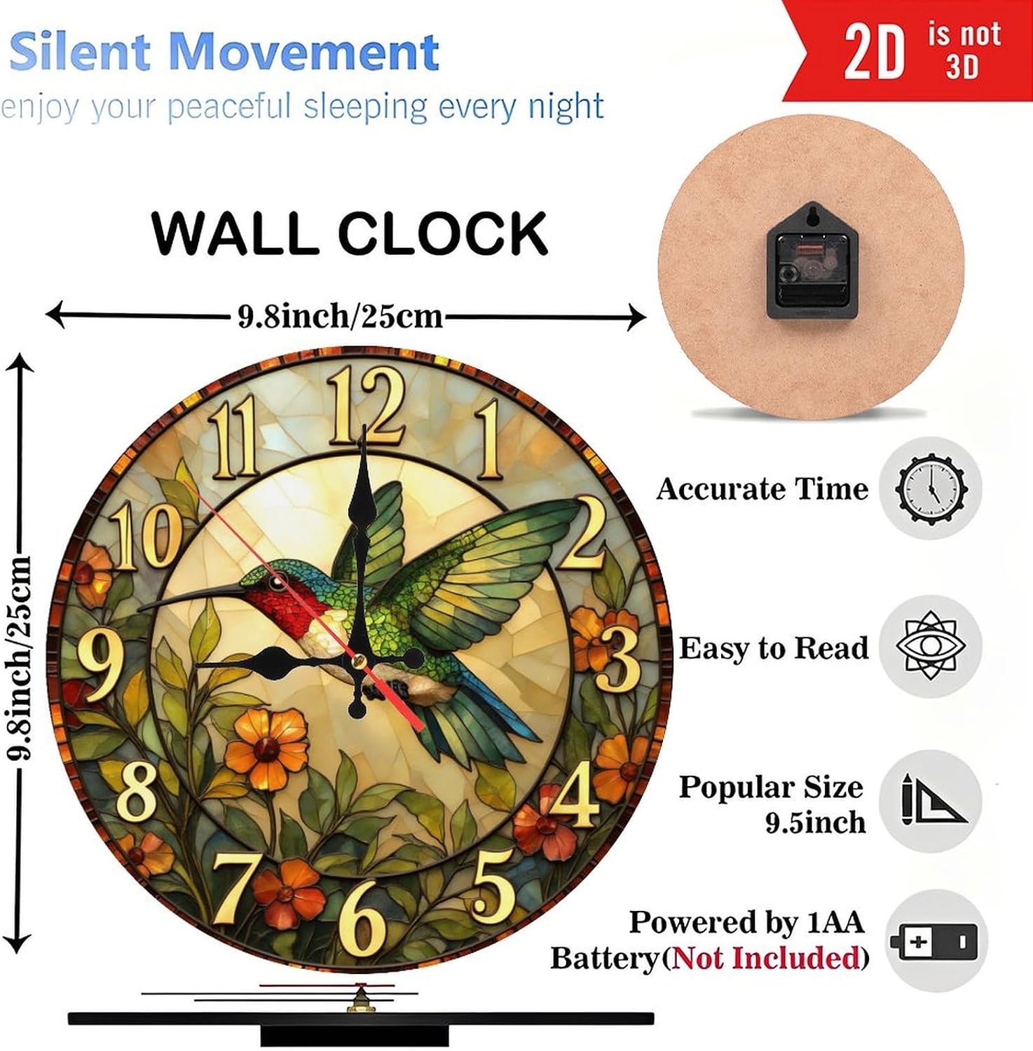 Stained Glass StyleHummingbird Wall Clock with Flowers10-Inch Wooden Wall Clock, Silent Movement, Artistic Home Decor