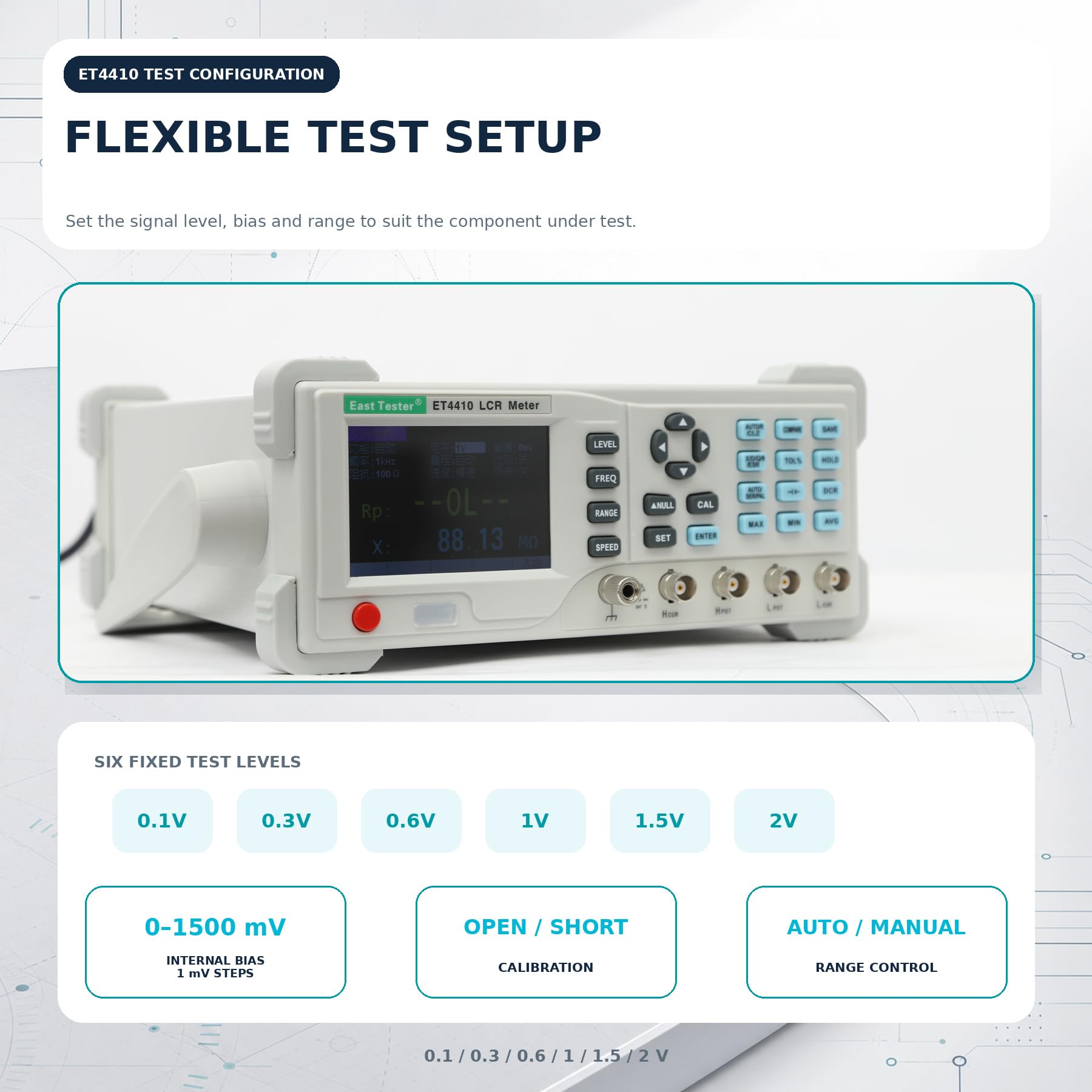 LCR-Messgerät ET4410 100kHz, Tisch-LCR-Messgerät 0,1% Genauigkeit, 16 Messfrequenzpunkte, 3,5 Zoll TFT-LCD, USB/RS232, EU-Stecker für Induktivität Kapazität Widerstand