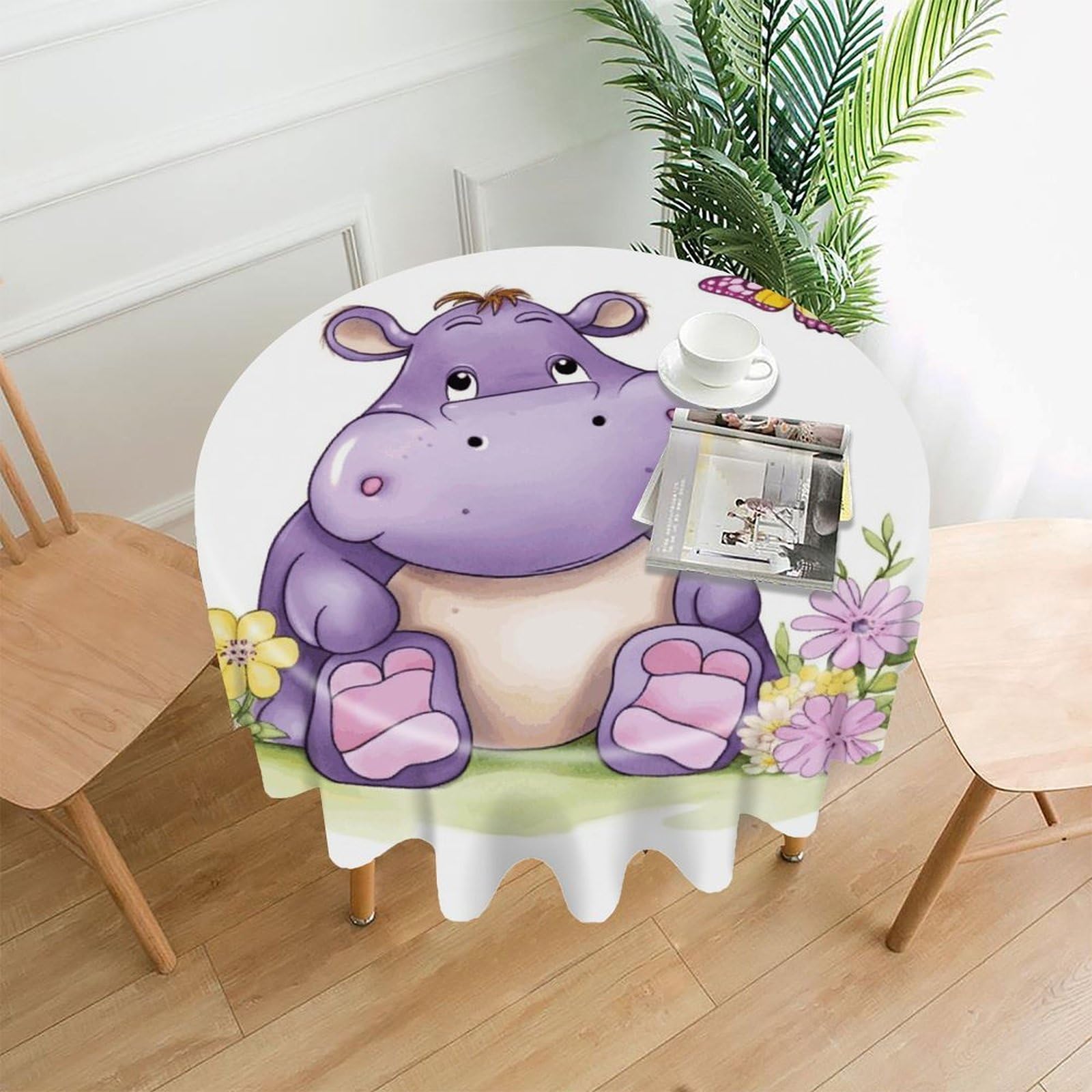 FekiLoot Butterfly and Hippo Round Tablecloth Cover 60 Inch Wrinkle Free Washable Polyester Fabric Table Cover Decorative Round Table Cloth for Home Dining Kitchen Party Farmhouse