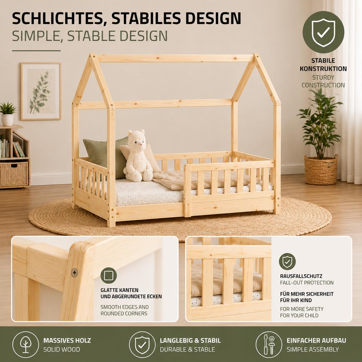 Easy Act Kinderbett Haus aus Massivholz – Bodenbett mit Rausfallschutz & Lattenrost – Hausbett Kinder Holz Bettgestell für Mädchen & Jungen ab 3 Jahre (Natur, 90 x 200 cm, ohne Matratze)