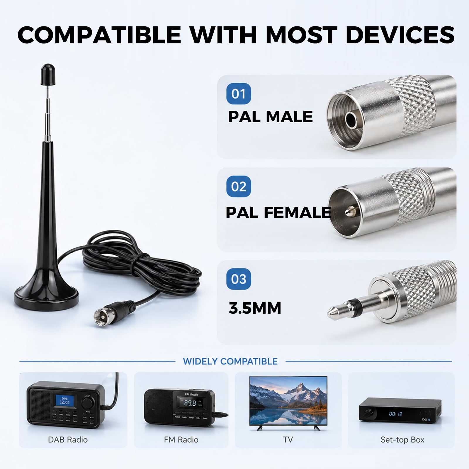 Antenne TV Intérieur Puissante, Antenne Radio FM Dab Intérieur Télescopique avec Base Magnétique, Câble 3m pour Récepteurs Stéréo 75 Ohm Chaine HiFi Tuner FM Poste Radio, Plug and Play