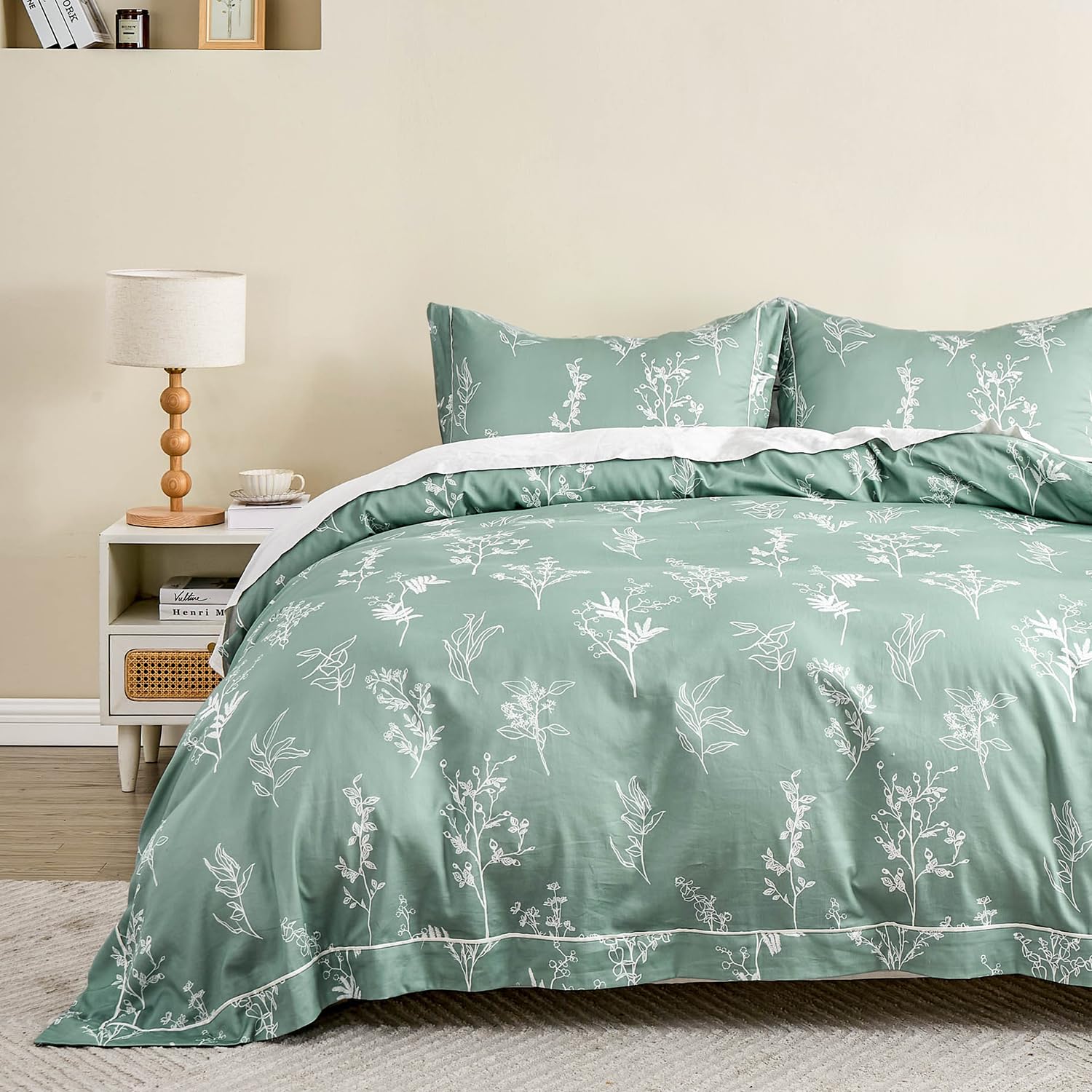 Housse de couette vert aqua et lin pour une chambre style nature et cocooning