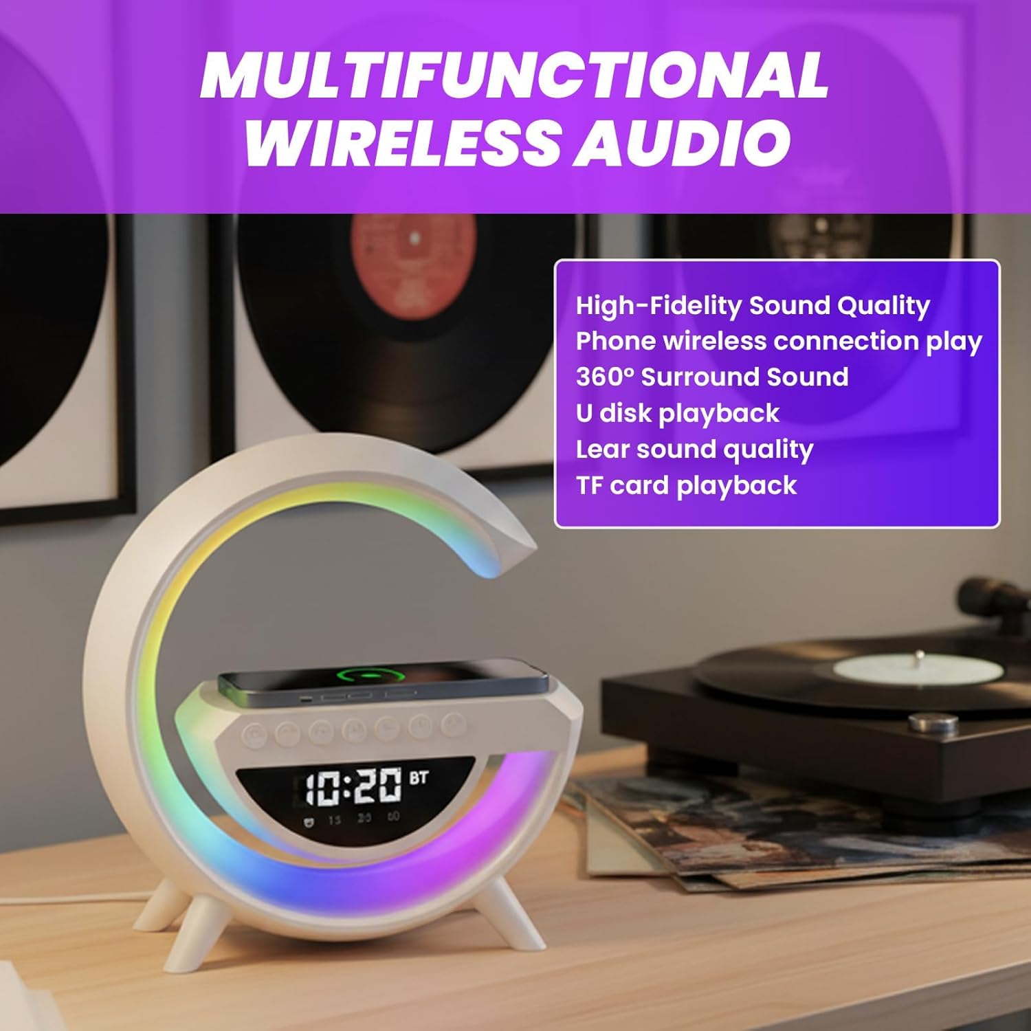 Multifunctional Bluetooth Speaker, G Shaped Wireless Speaker and Charger, 5-in-1 Halo Lamp with 13 RGB Lights,360° Surround Sound Nightstand Clock with for Bedroom Office (White)