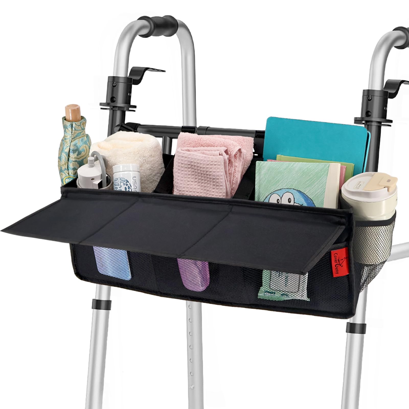 Extra Large Bariatric Walker Basket for 21"-26" Width Folding Walker/Rollator, Extra Wide Walker Storage Baskets with Cup Holder, Lid &amp; Multiple Pocket, Easy to Use Walker Tote Bag for Seniors, Black.