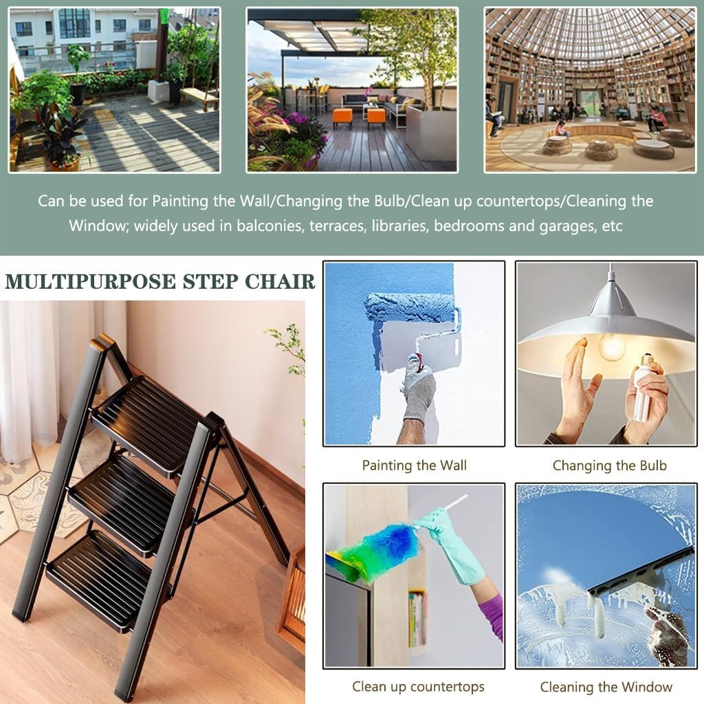 Multi-Purpose Folding Step Ladder Chair - Sturdy Carbon Steel Frame, 2/3 Layer Storage Rack & Flower Stand, No Assembly Required, Perfect for Bedroom & Library Use (Black, 68x61x68