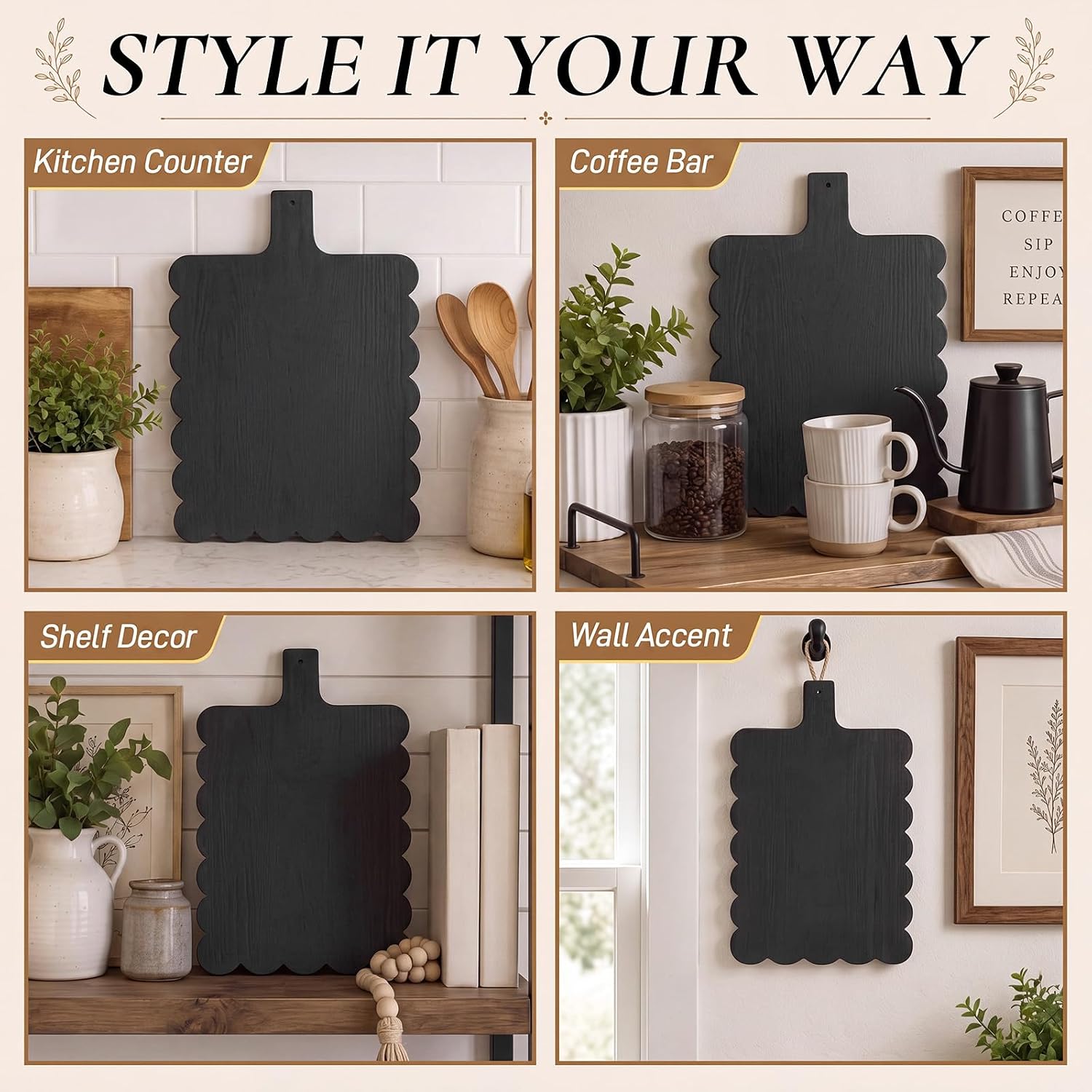 Novabright Black Scalloped Wood Decorative Board, Farmhouse Display Tray