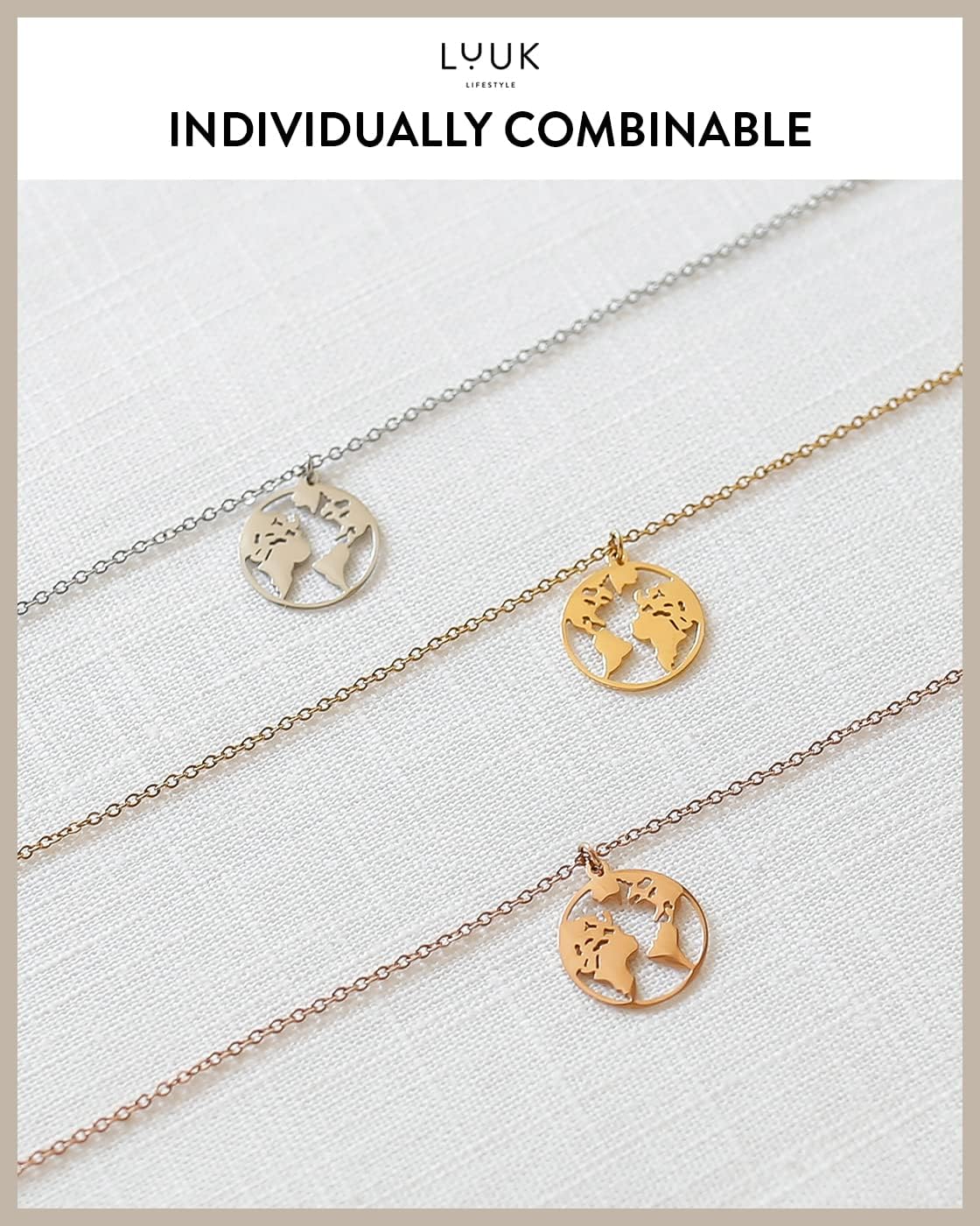 LUUK LIFESTYLE Stainless steel women necklaces with heart, clover, star, anchor, globe pendant, trendy gift, luck symbol, 20” adjustable length, FRIENDSHIP card, gold, silver, and rose gold