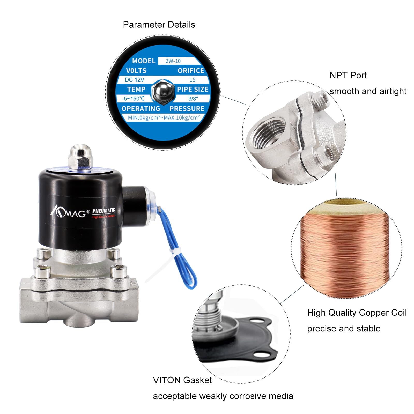 Válvula solenoide eléctrica de acero inoxidable de 3/8 pulgadas CC 12 V NPT normalmente cerrada, junta VITON para agua, aire, gas, combustible, aceite con alto rango de presión