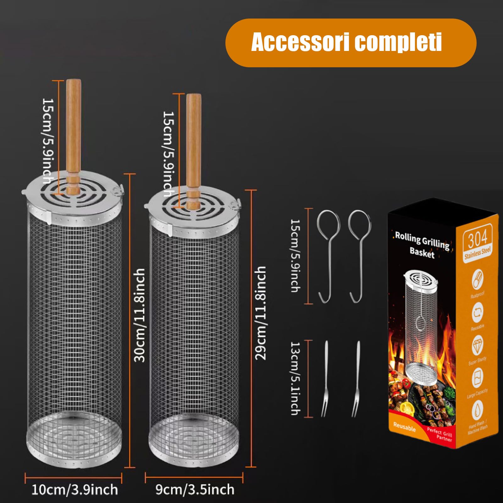 Cestini per Grigliare Rotante 2 Pezzi Cestello per Grigliate Acciaio Inox con Manico Rimovibile Cesto per Barbecue, Accessori per Barbecue All Aperto per Verdure e Gamberi