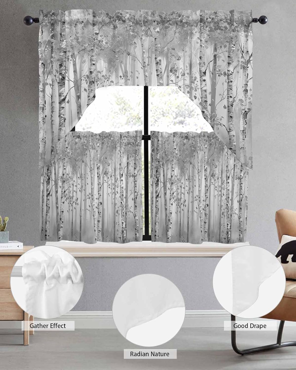 Grey Forest Swag Kitchen Curtains Valance and Tier Set 24 Inch Length, Modern Abstract Tree Smear Art Retro Painting Rod Pocket Swag Curtains for Living Room Bedroom Bathroom Window Drapes 3 Piece