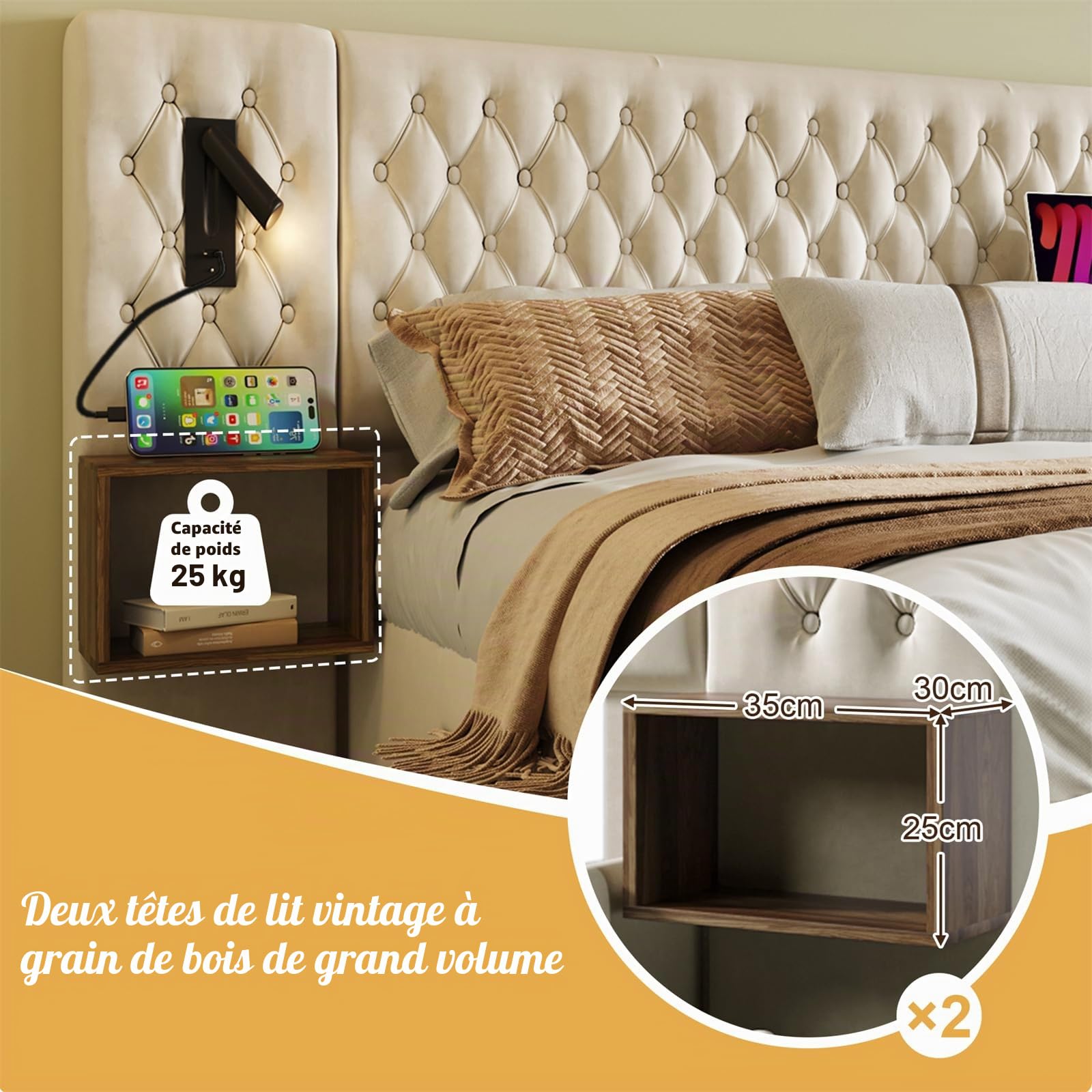 Ensemble Complet de Lit pour Chambre à Coucher, Lit Double, 160 x 200 cm, lit de Rangement hydraulique, avec 2 Tables de Chevet, Lampe de Lecture avec Fonction de Charge USB, Beige,(sans Matelas)