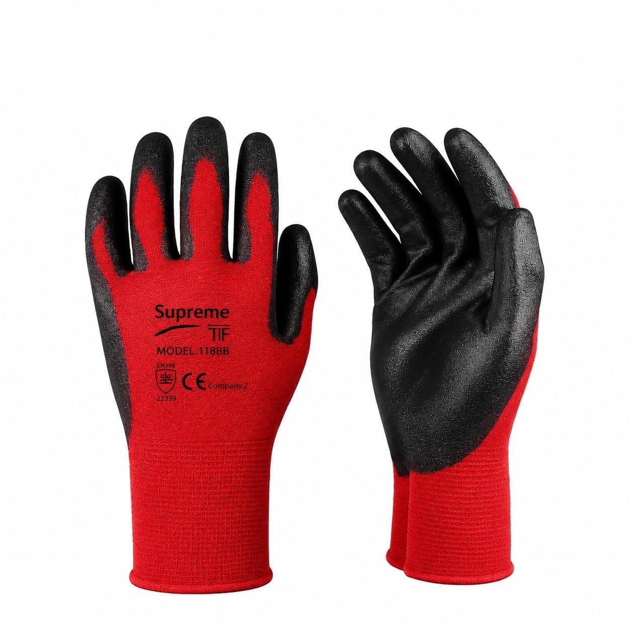 CD SupremeTTF Professional 18 Gauge Red Nylon Work Gloves with Black PU Palm Coating, 12 Pairs, L (Size 9), High Dexterity Safety Gloves, EN388 CAT II